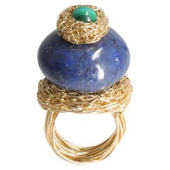 Sodalite and Malachite Stone Cocktail Ring, a One off Piece in 14 K Gold F