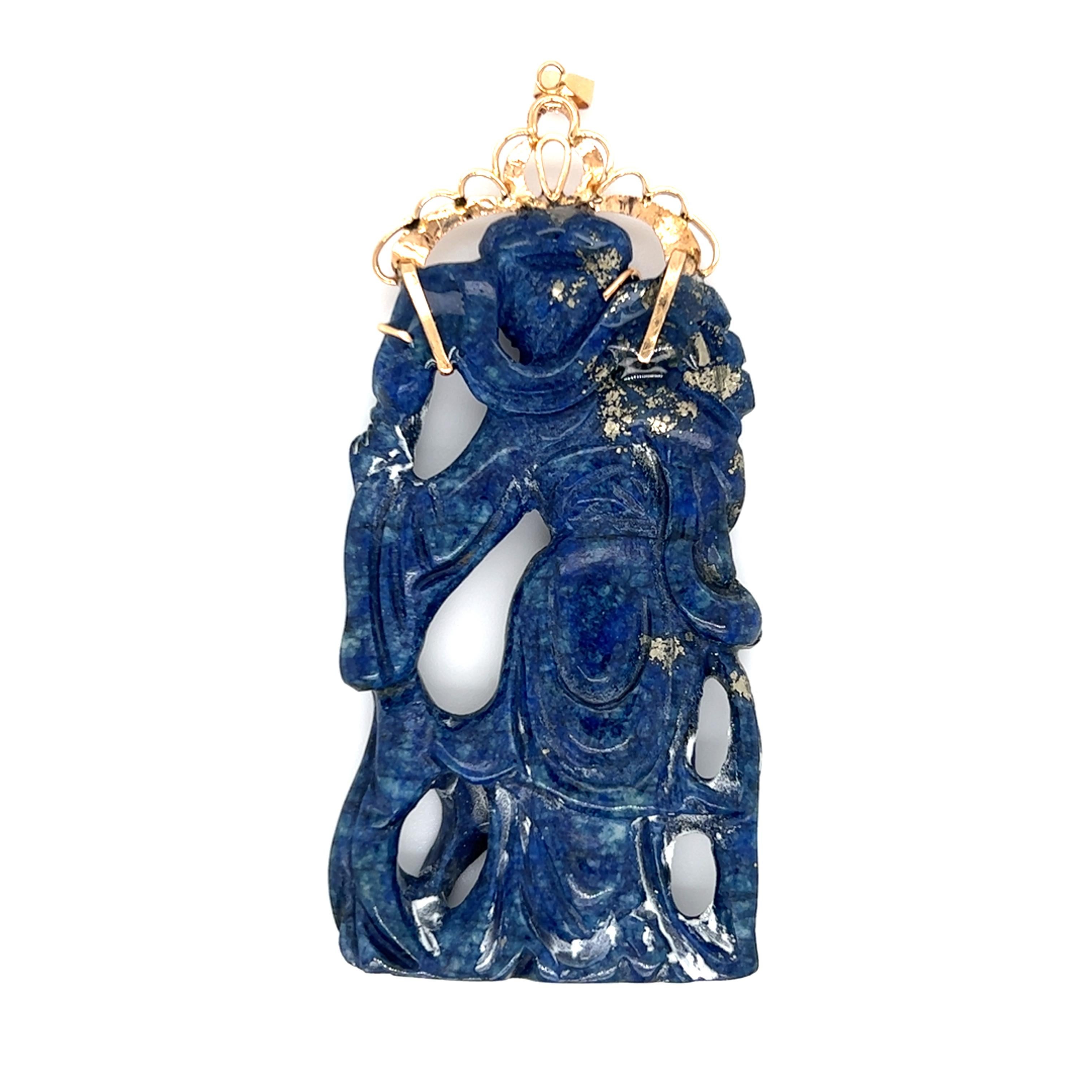 Modern Sodalite Carved Pendant in 14 Karat Yellow Gold