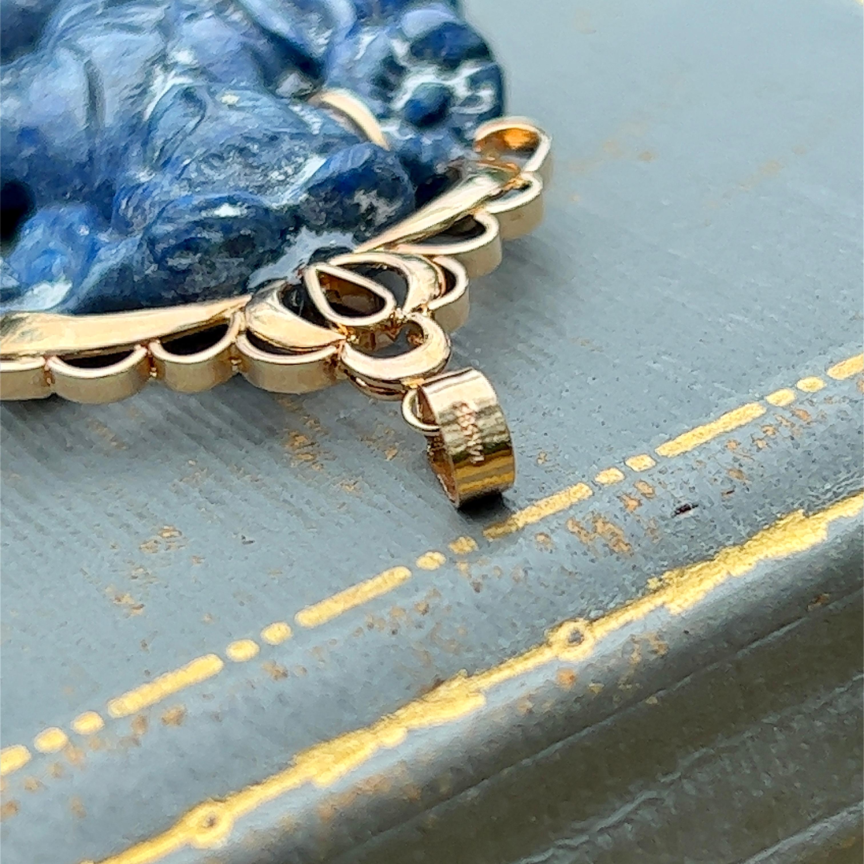 Women's or Men's Sodalite Carved Pendant in 14 Karat Yellow Gold