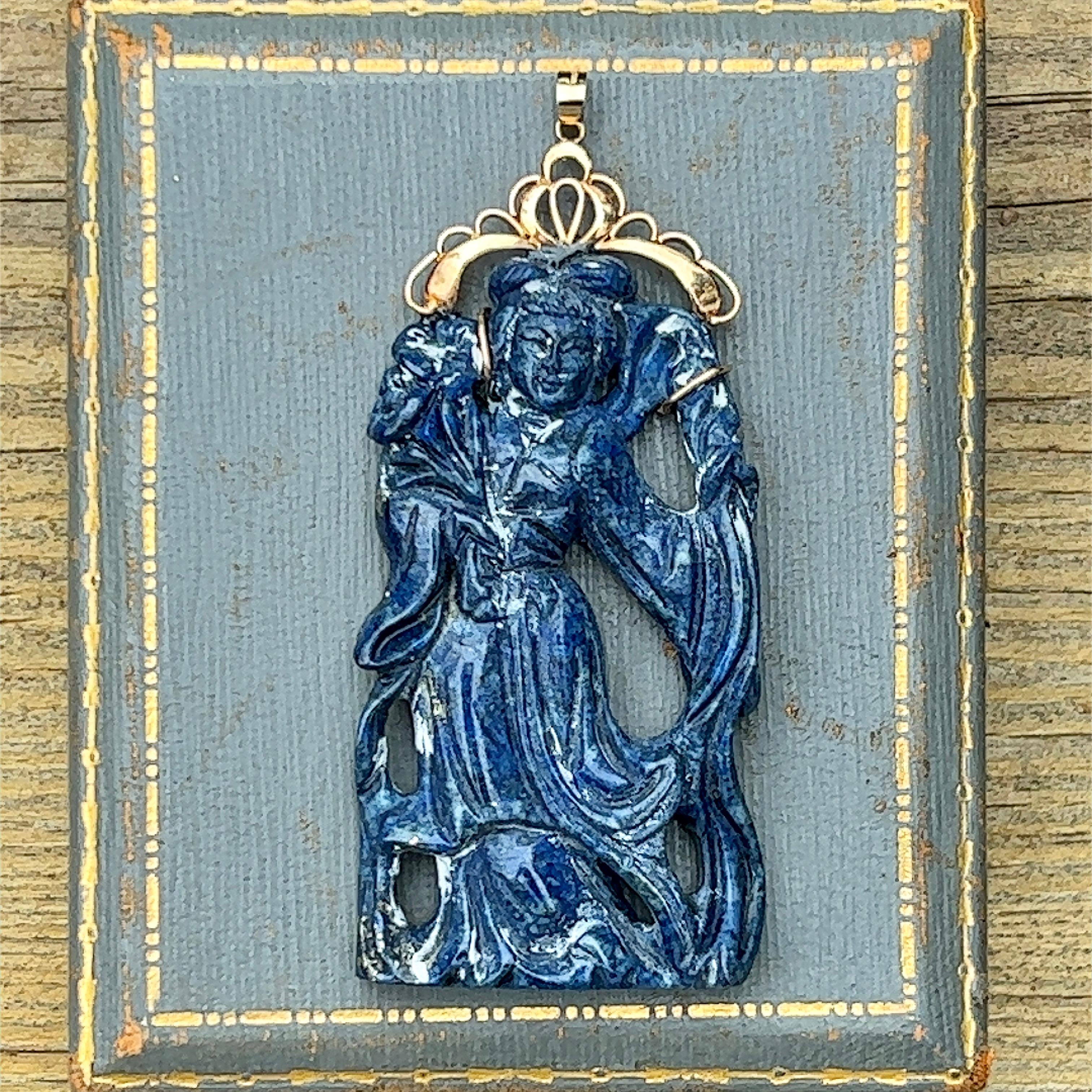 Sodalite Carved Pendant in 14 Karat Yellow Gold 2