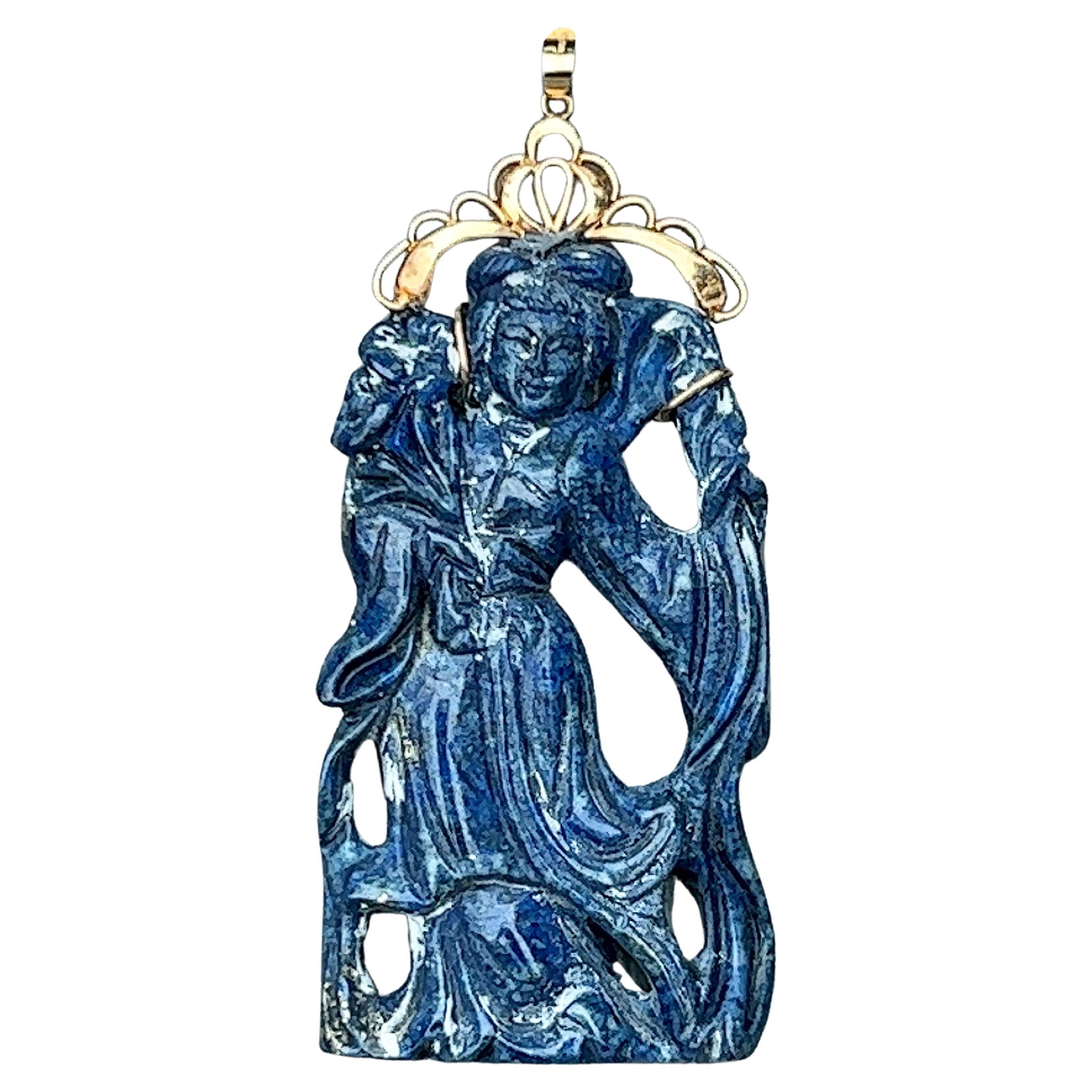 Sodalite Carved Pendant in 14 Karat Yellow Gold