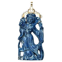 Sodalite Carved Pendant in 14 Karat Yellow Gold