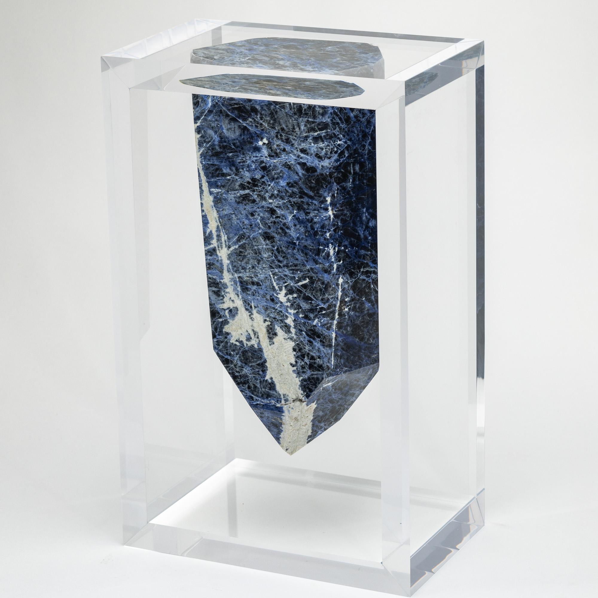 Organic Modern Brazilian Blue Sodalite Point mounted in original versatile acrylic display