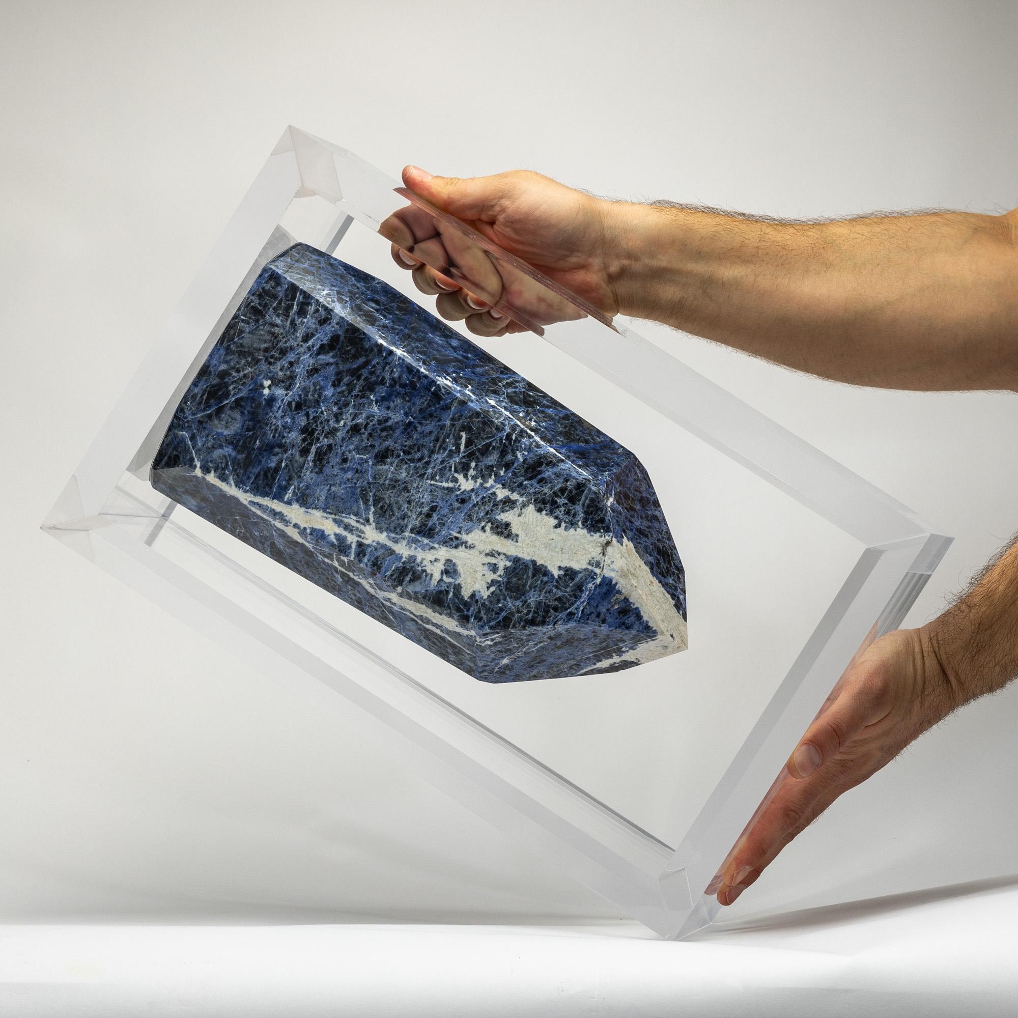 Mexican Brazilian Blue Sodalite Point mounted in original versatile acrylic display