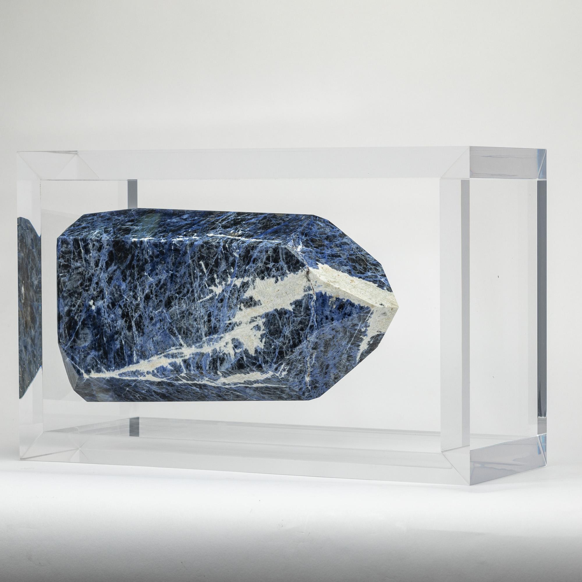 Contemporary Brazilian Blue Sodalite Point mounted in original versatile acrylic display