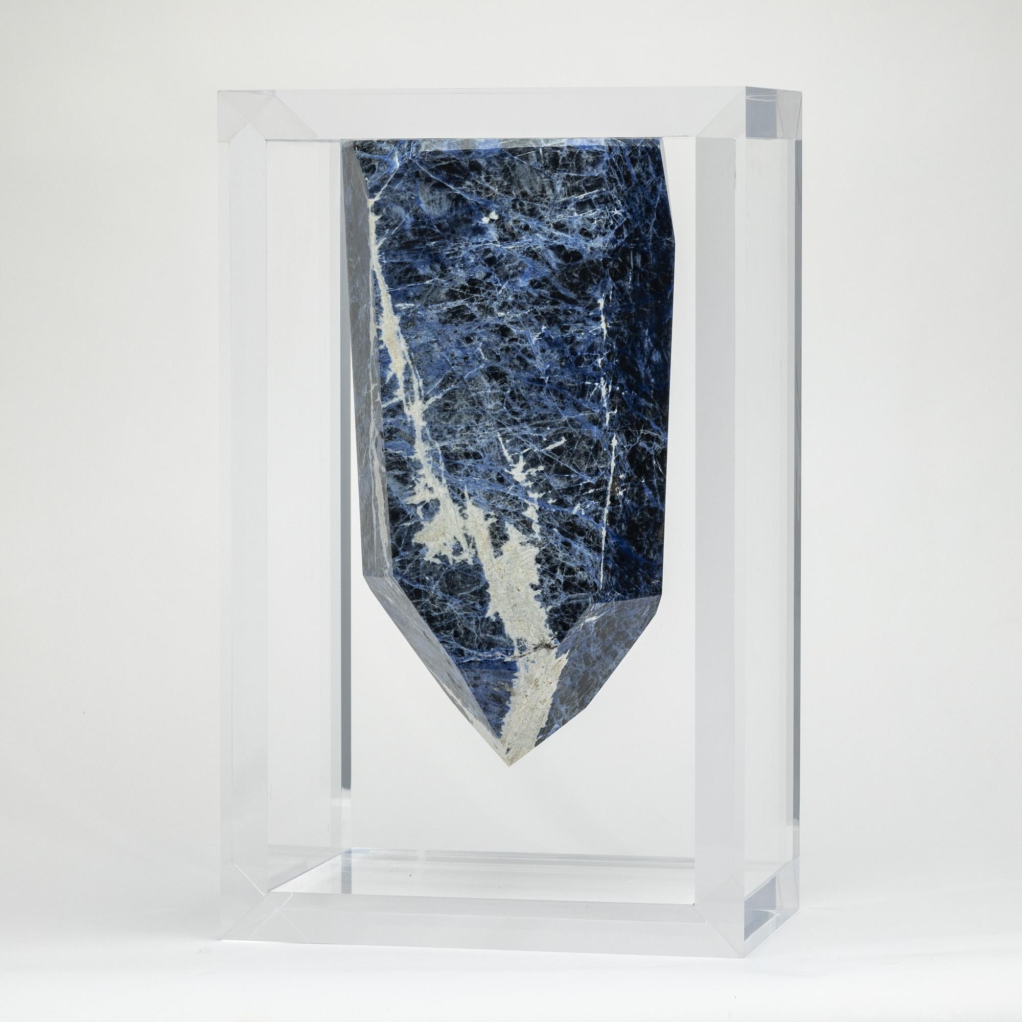Acrylic Brazilian Blue Sodalite Point mounted in original versatile acrylic display