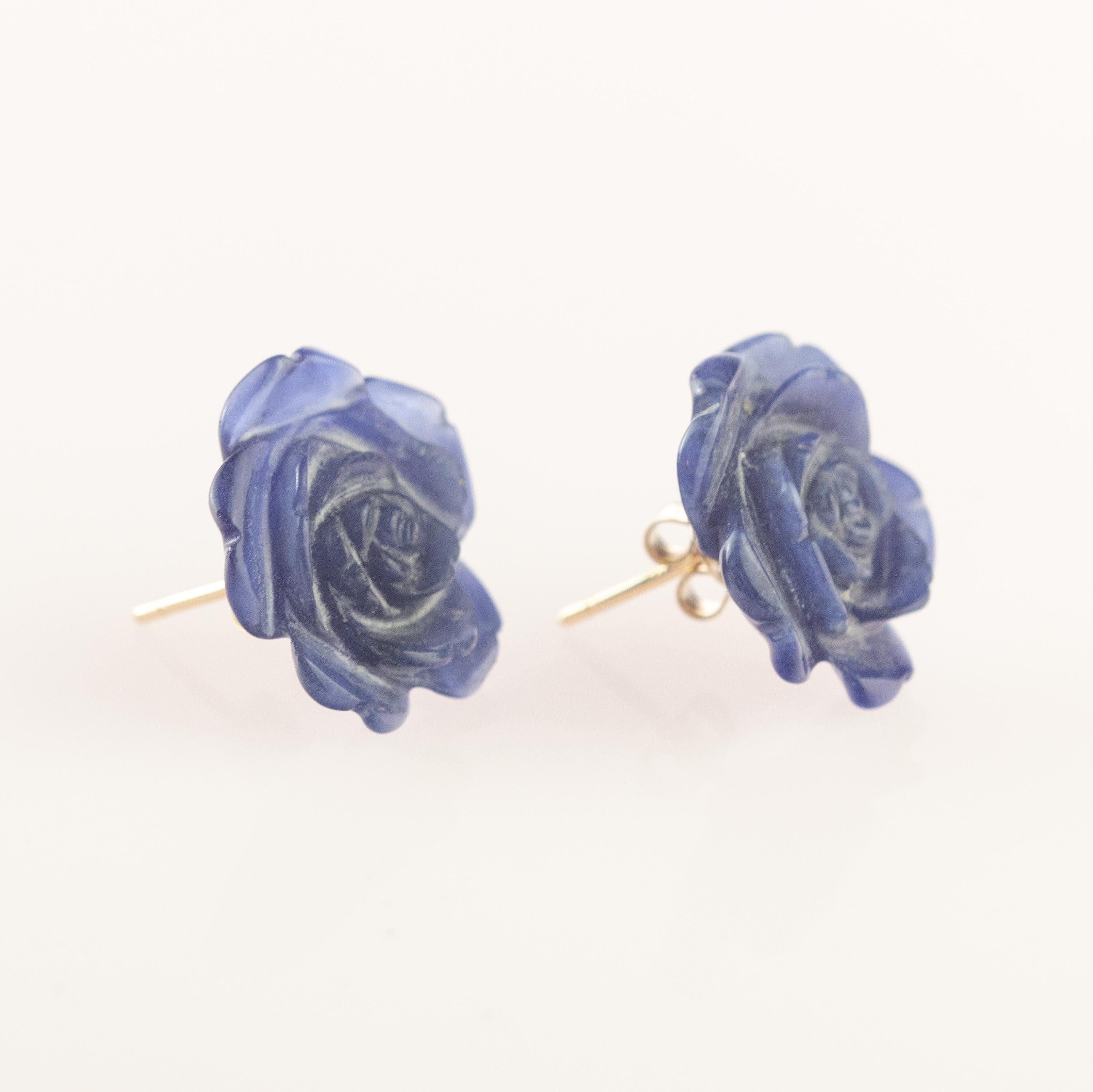 Arts and Crafts Sodalite Rose 18 Karat Gold Handmade Italian Girl Carved Stud Cocktail Earrings