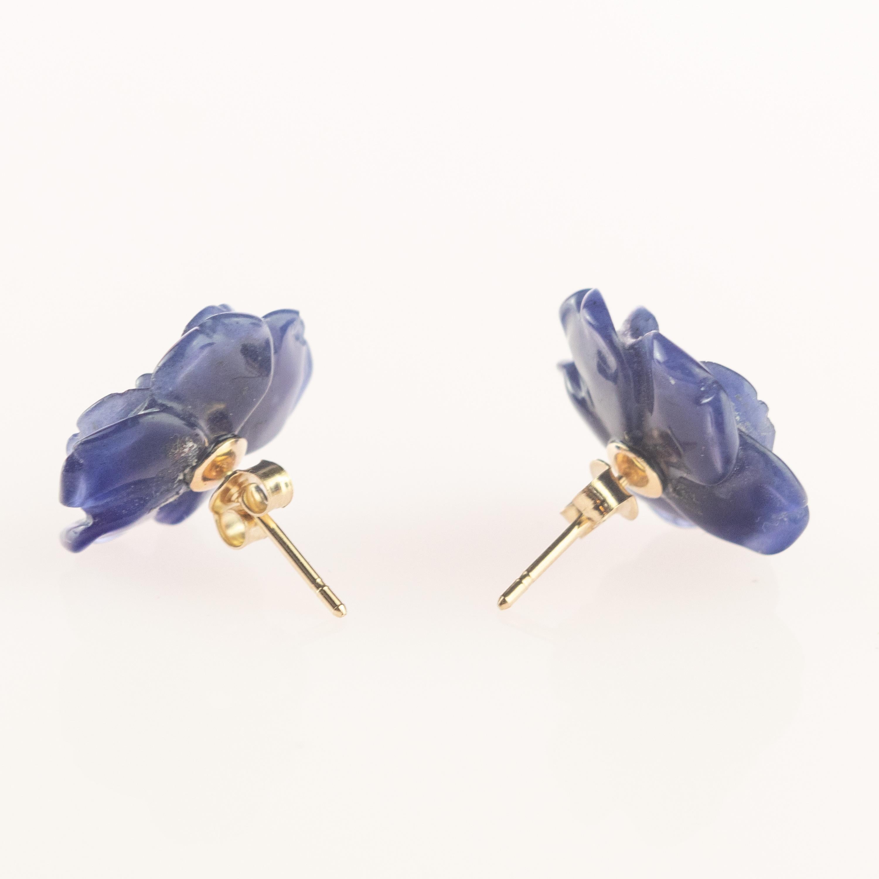 Sodalite Rose 18 Karat Gold Handmade Italian Girl Carved Stud Cocktail Earrings In New Condition In Milano, IT
