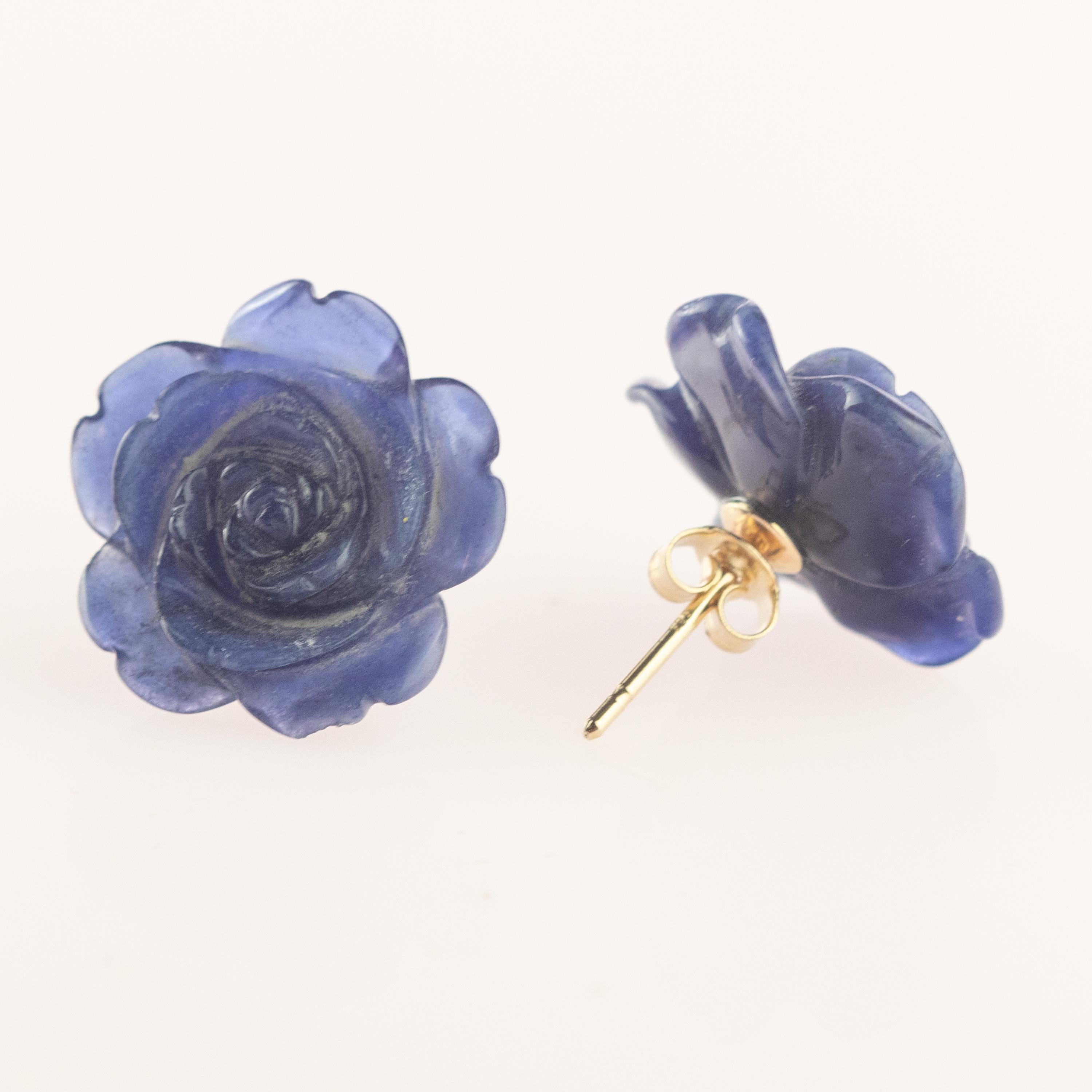 Sodalite Rose 18 Karat Gold Handmade Italian Girl Carved Stud Cocktail Earrings 2