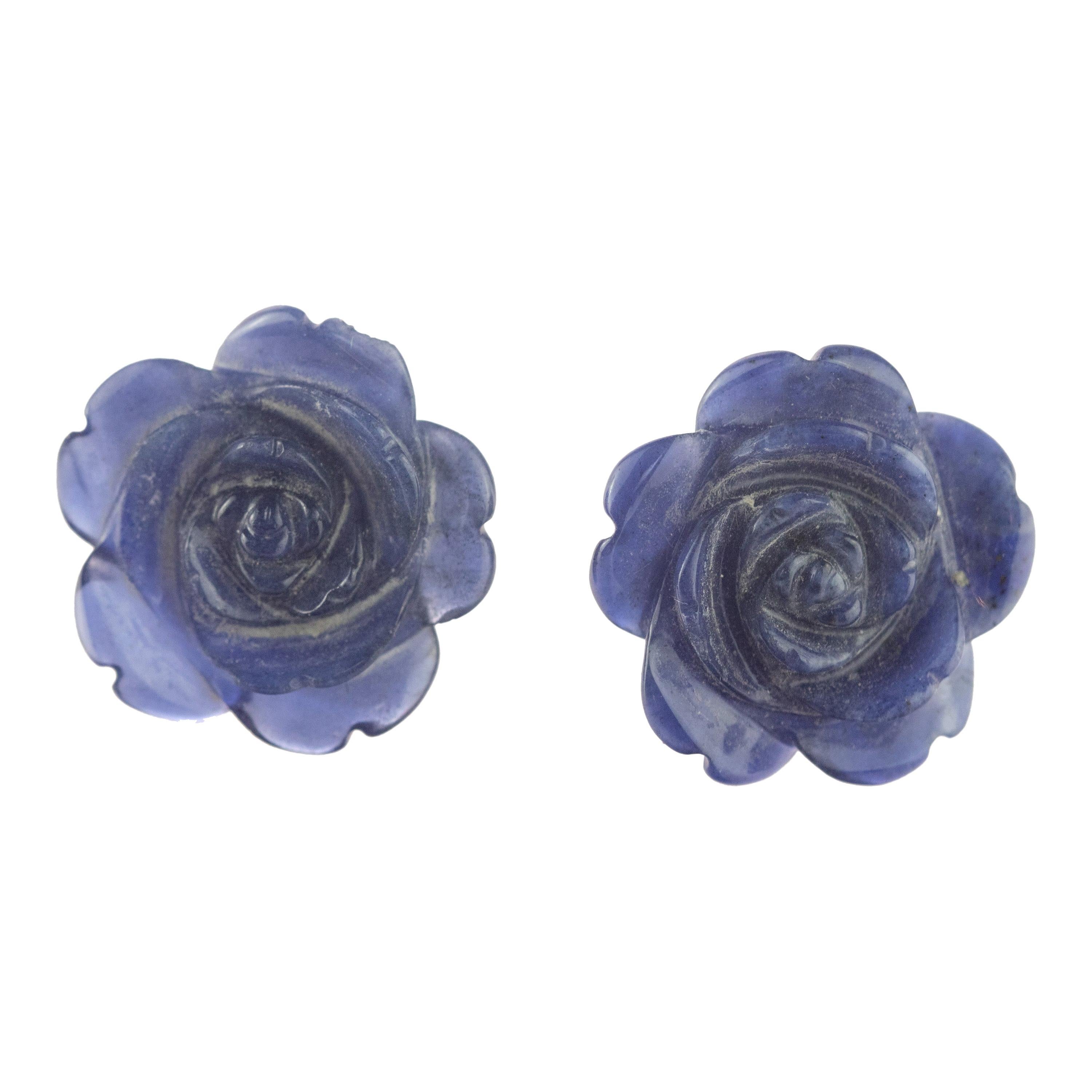 Sodalite Rose 18 Karat Gold Handmade Italian Girl Carved Stud Cocktail Earrings