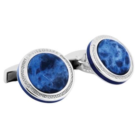 Sodalite Signature Round Cufflinks in Sterling Silver For Sale