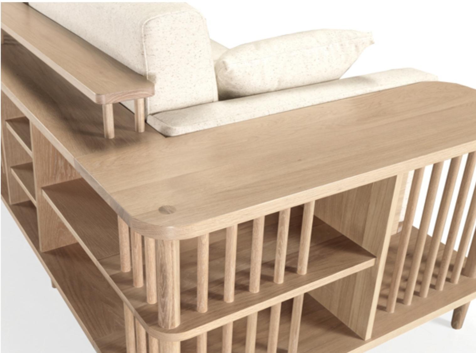Ein atemberaubend schönes, bequemes Sofa mit umlaufendem Holzrahmen aus Massivholz. Ein Sofa, ein Bücherregal und auch ein Raumteiler, perfekt für einen exklusiven Raum.
Die Kissen lassen sich leicht abnehmen.
Verpackt in einer Sperrholzkiste. Sie