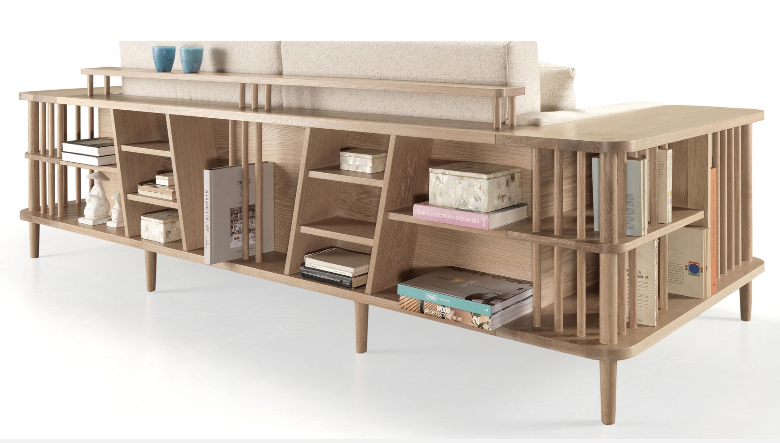 Scandinavian Modern Sofa and Bookshelf Room Divider in Walnut or Oak For Sale