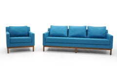 Sofa and Chair by Milo Baughman, Blue/Aqua Maharam Fabric, Walnut Frame