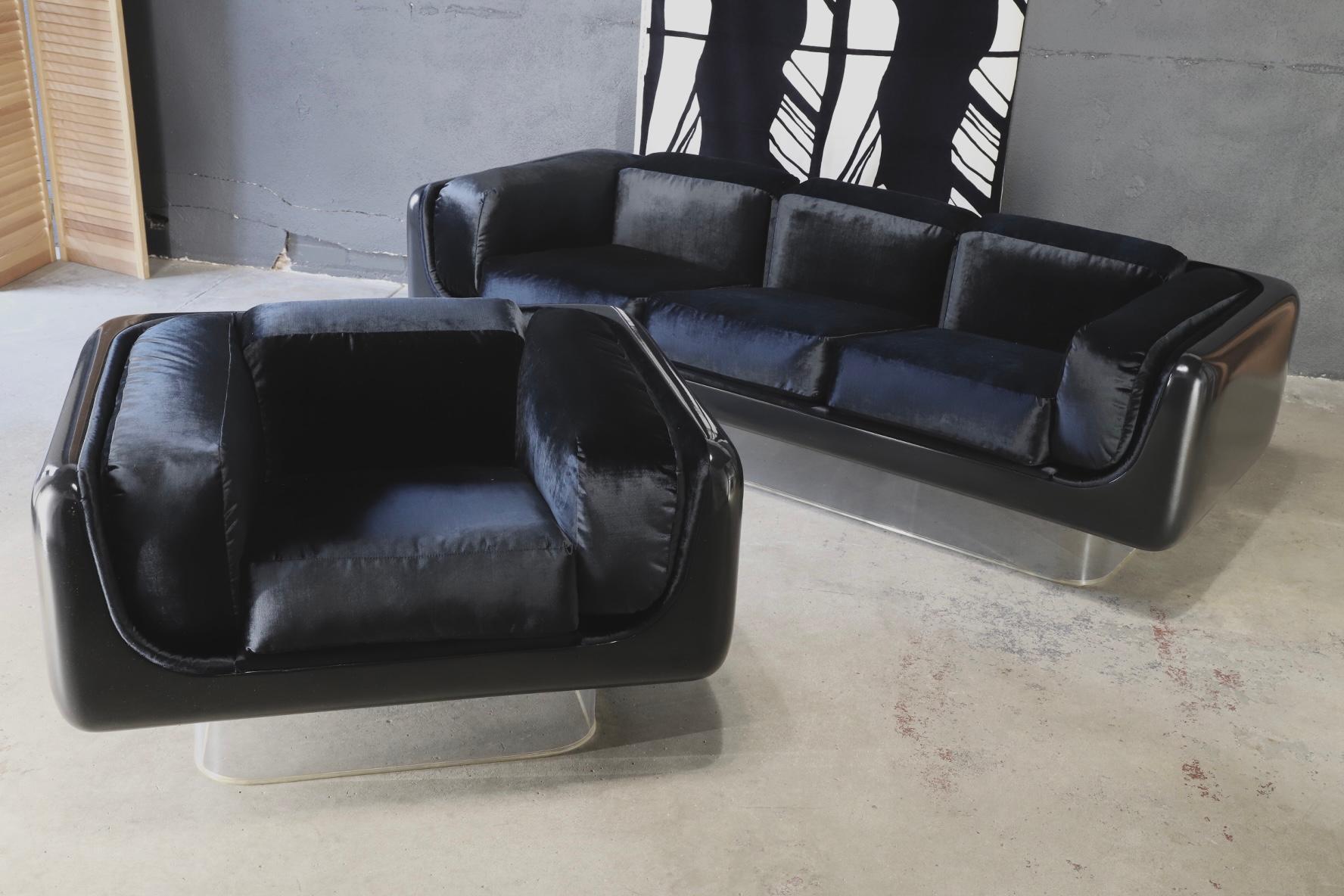 Absolutely stunning next level sofa and chair by William Andrus for Steelcase. Each piece has the appearance to be floating by the acrylic base. This set has been restored with a high gloss, black with black velvet upholstery. Fabric sample