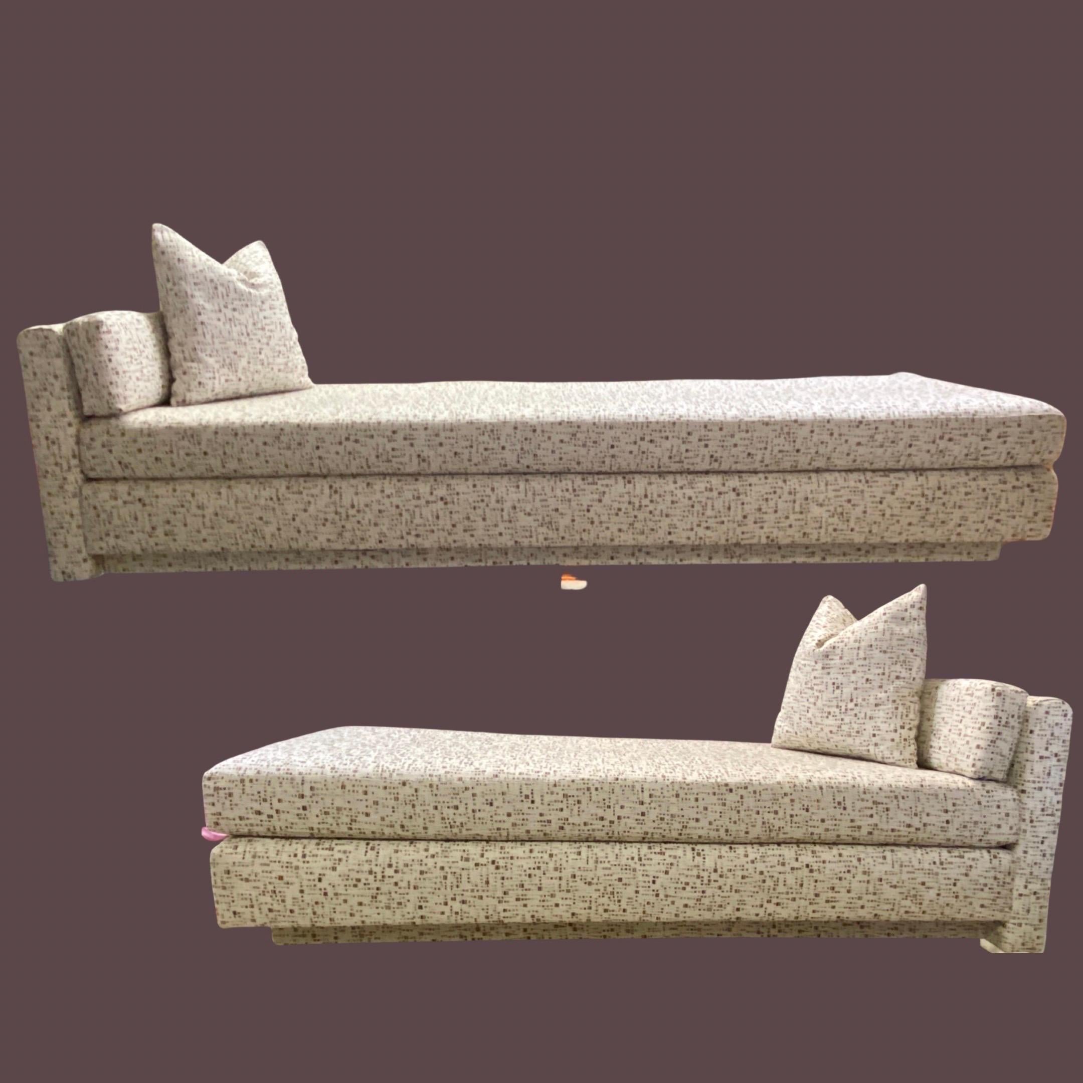 This modern sofa set came from a Rancho Mirage estate. Although in great condition we have reupholstered it in a  high end neutral small scale geometric fabric. The set includes a long sofa, chaise lounge, 2 bolsters for the arms and a set of 6