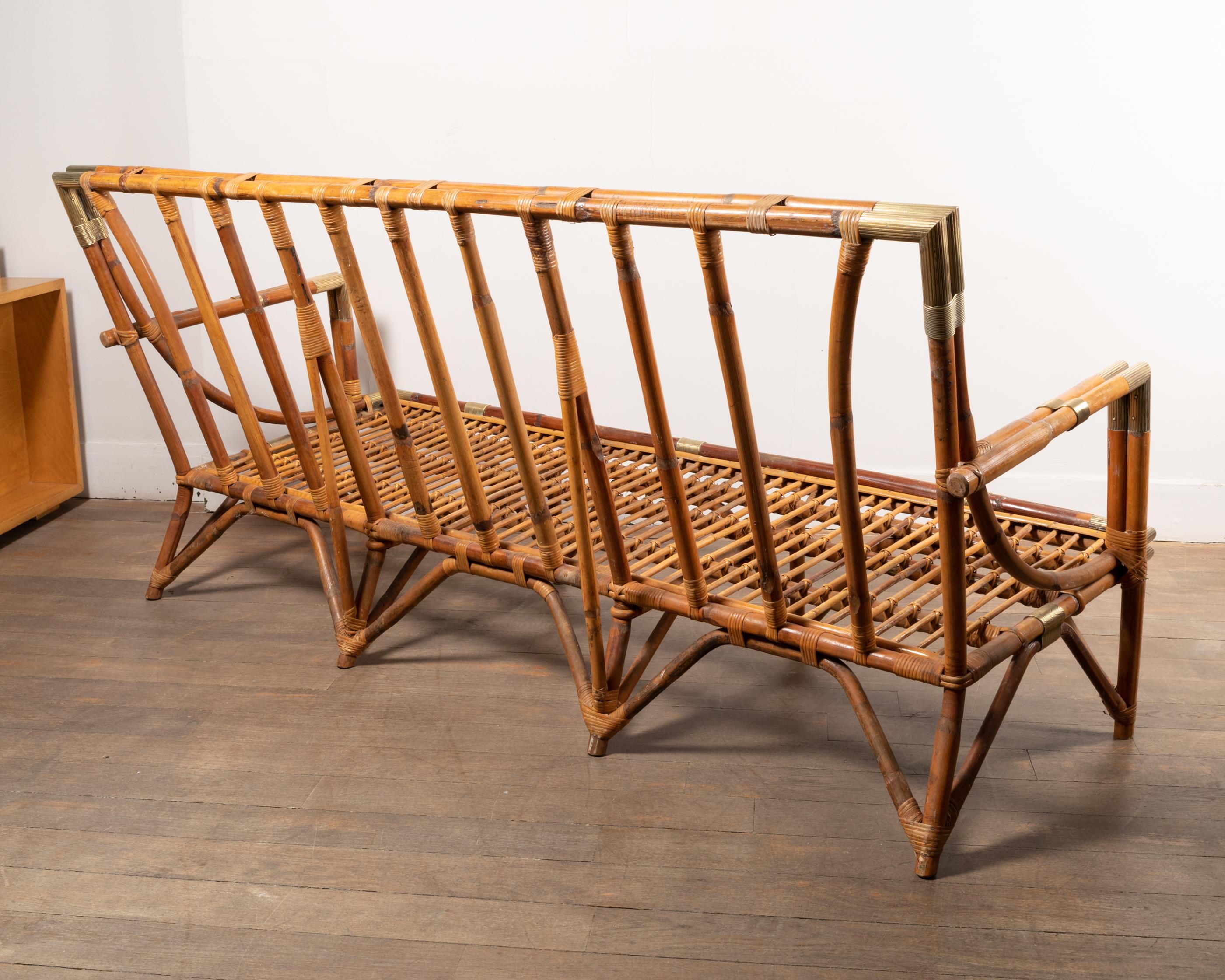 Sofa and Lounge Chairs Set in Rattan and Brass, 1950's 4