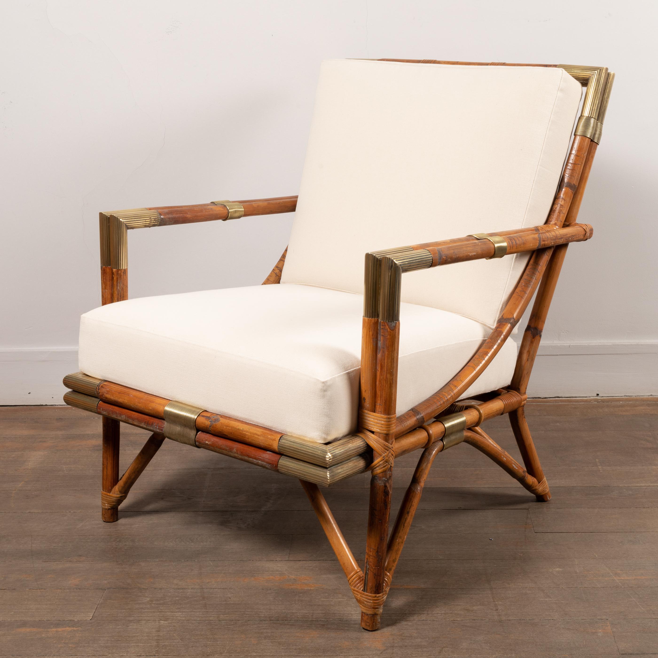 Mid-Century Modern Sofa and Lounge Chairs Set in Rattan and Brass, 1950's