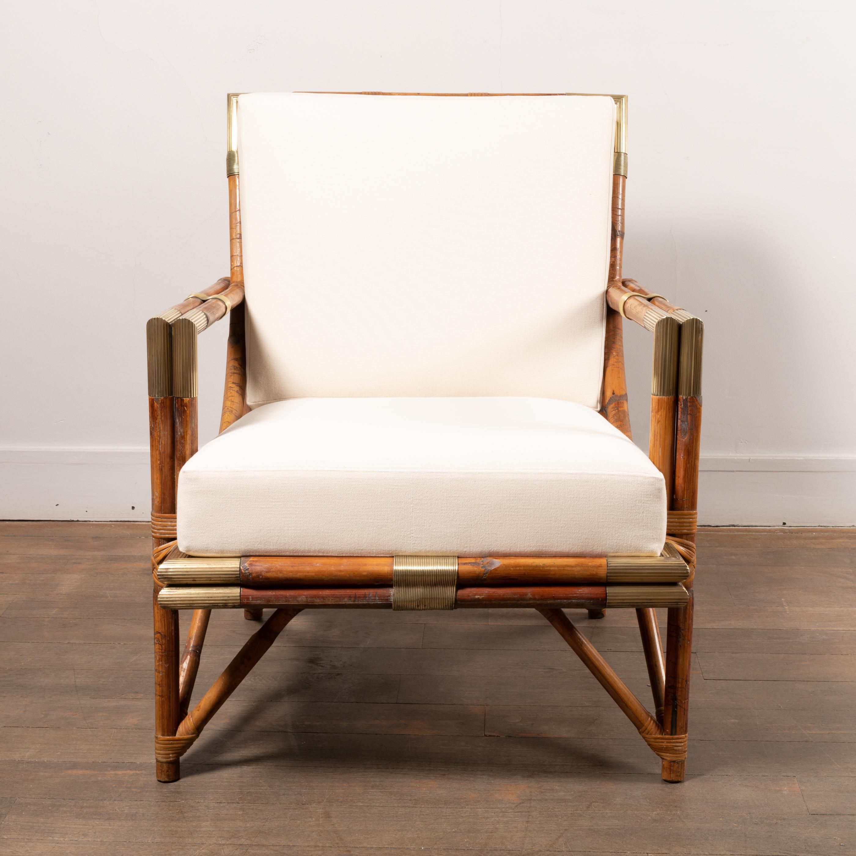 Sofa and Lounge Chairs Set in Rattan and Brass, 1950's In Good Condition In Paris, Ile-de-France