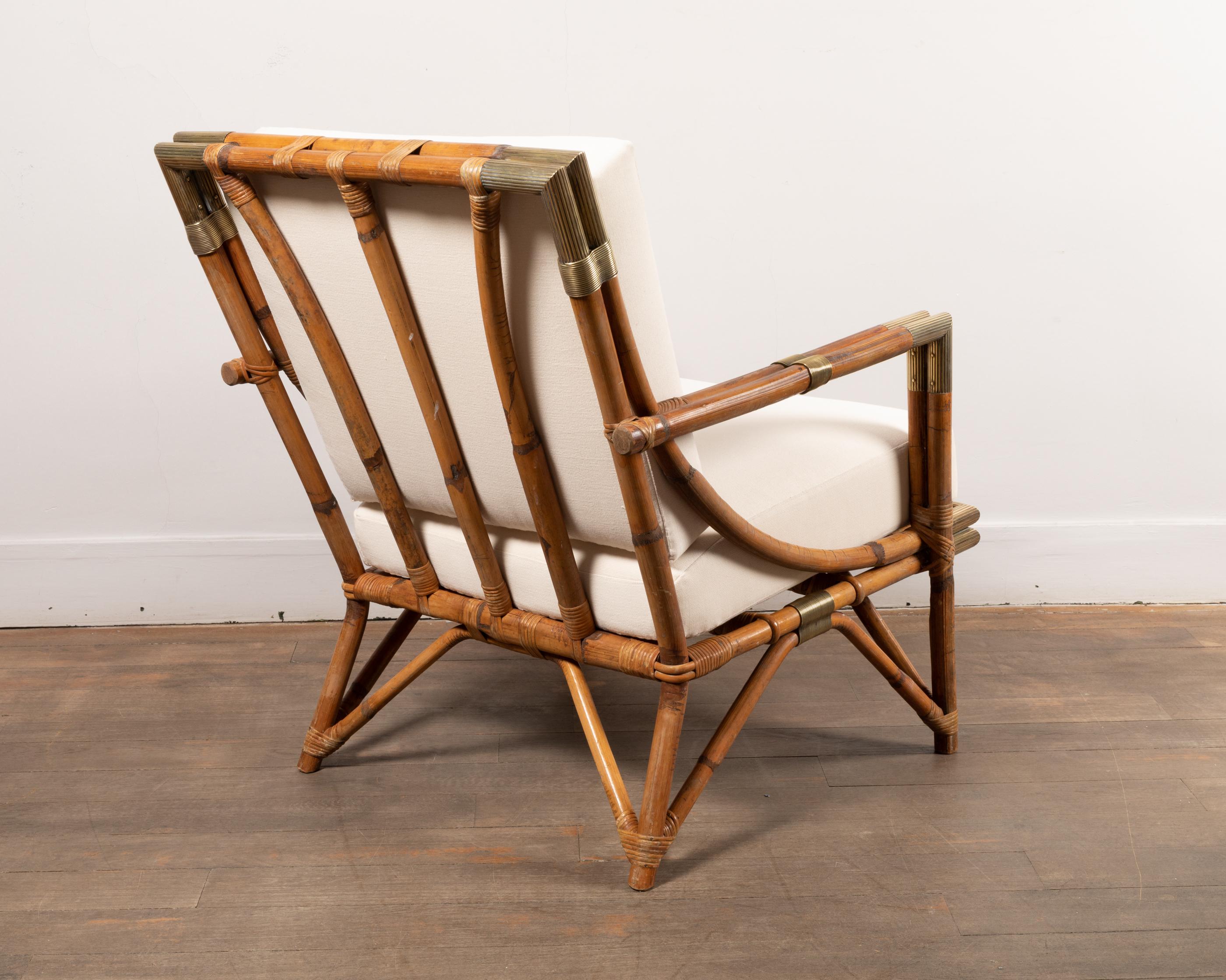 Mid-20th Century Sofa and Lounge Chairs Set in Rattan and Brass, 1950's