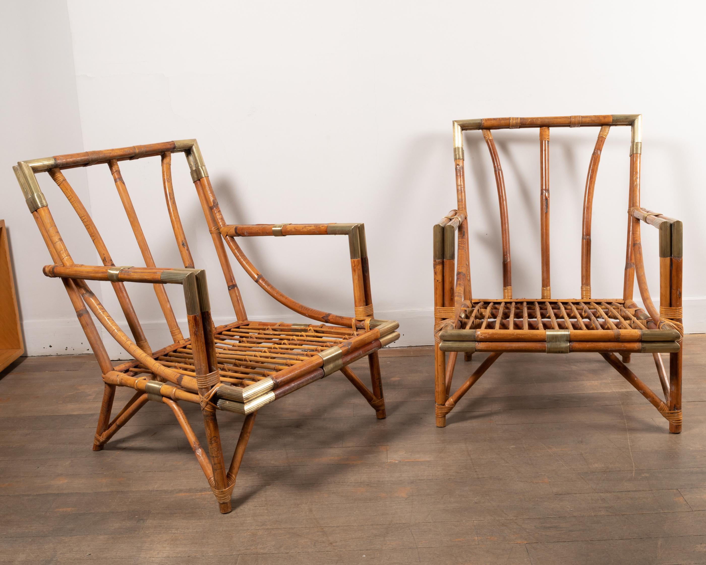 Sofa and Lounge Chairs Set in Rattan and Brass, 1950's 3