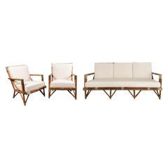 Vintage Sofa and Lounge Chairs Set in Rattan and Brass, 1950's