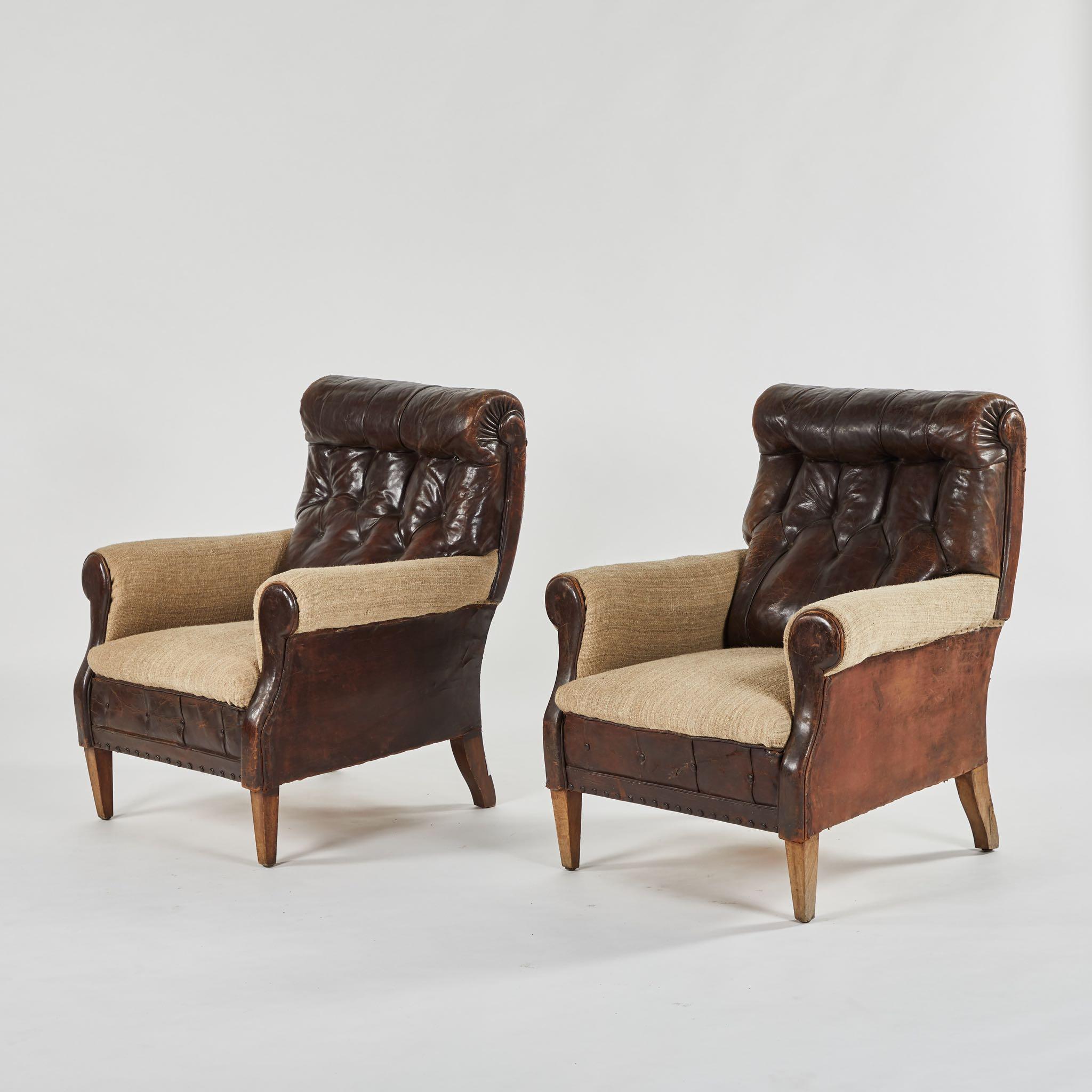 19th Century Leather and Hessian Sofa and Pair of Chairs Salon Set 5