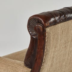 19th Century Leather and Hessian Sofa and Pair of Chairs Salon Set