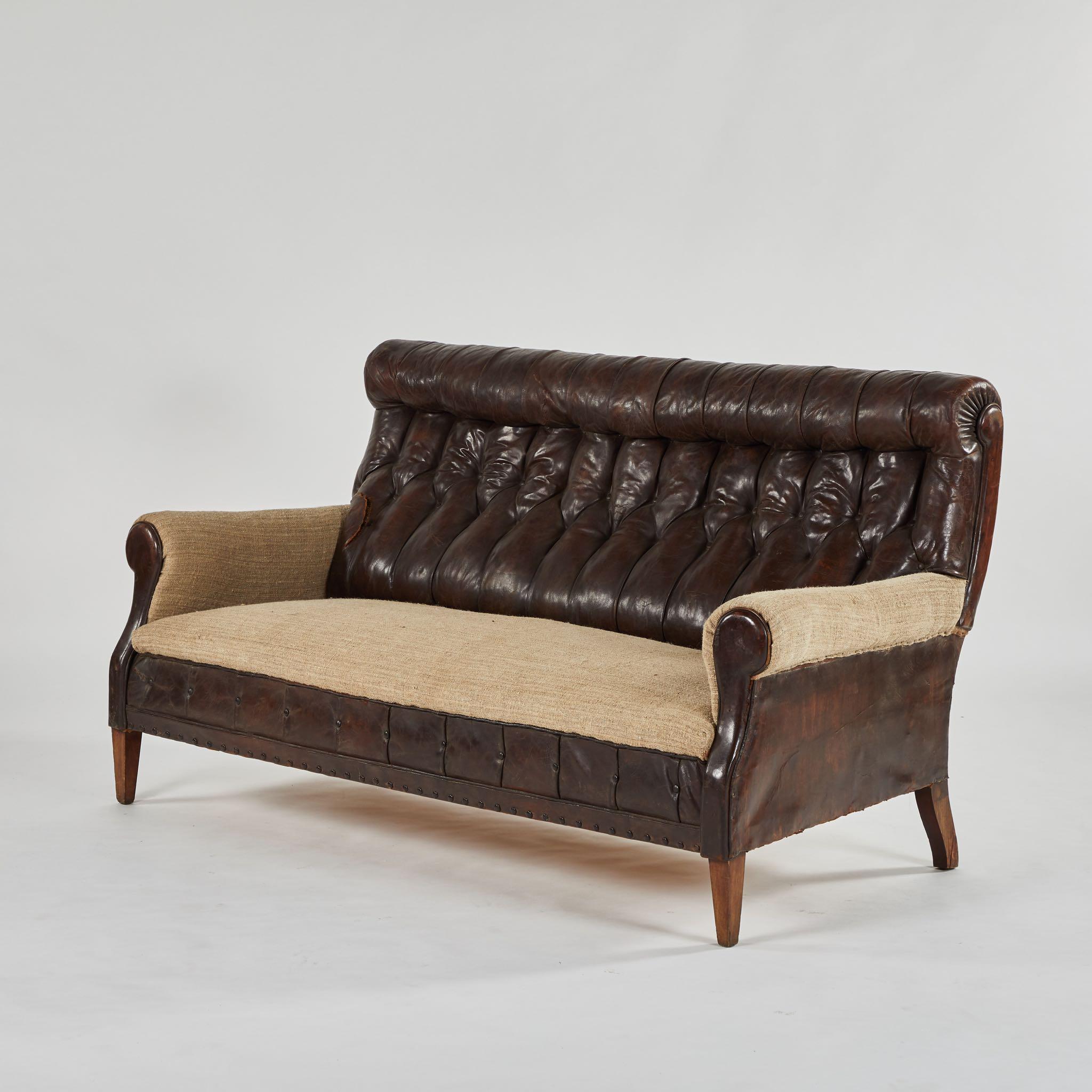 19th Century Leather and Hessian Sofa and Pair of Chairs Salon Set In Good Condition In Los Angeles, CA