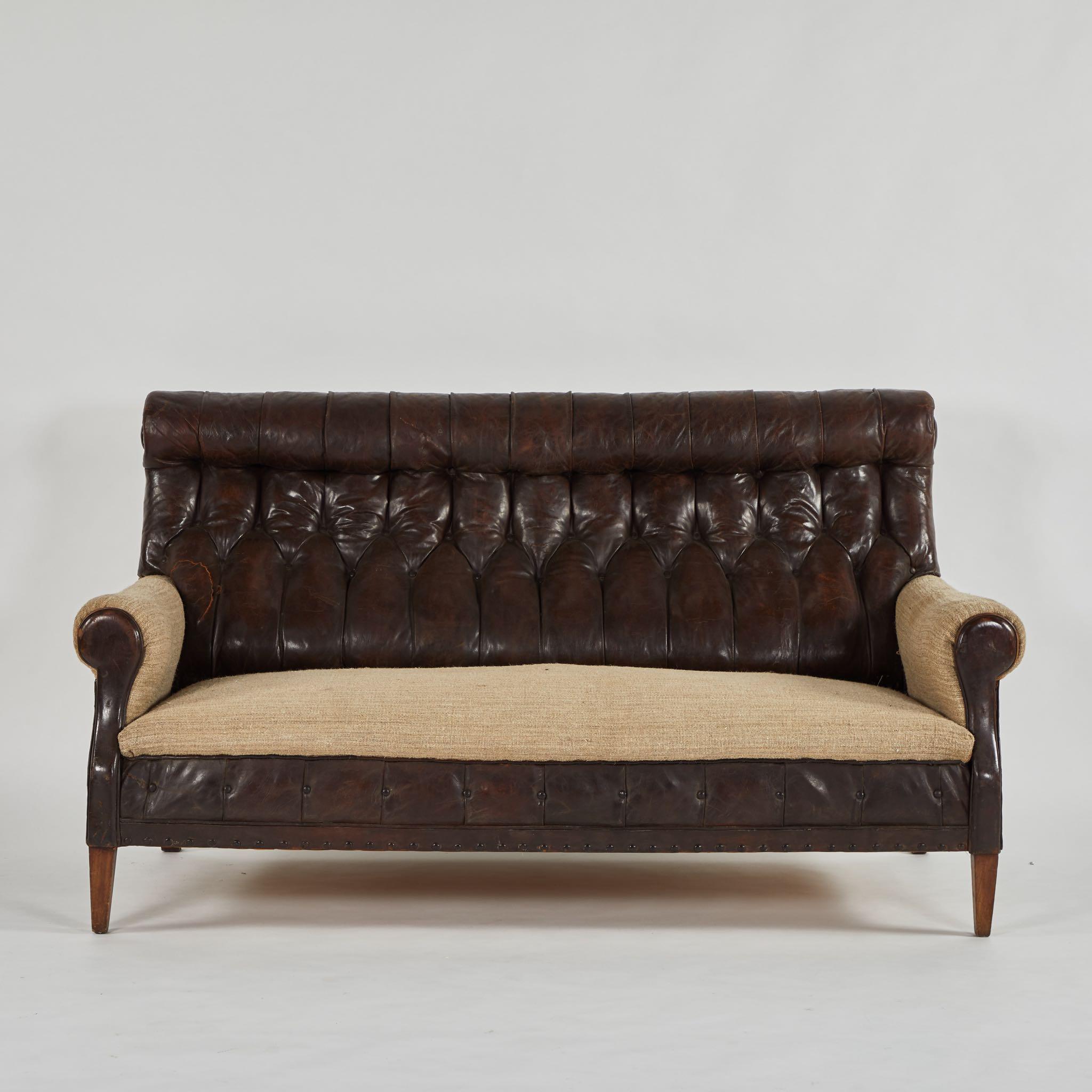 19th Century Leather and Hessian Sofa and Pair of Chairs Salon Set 1