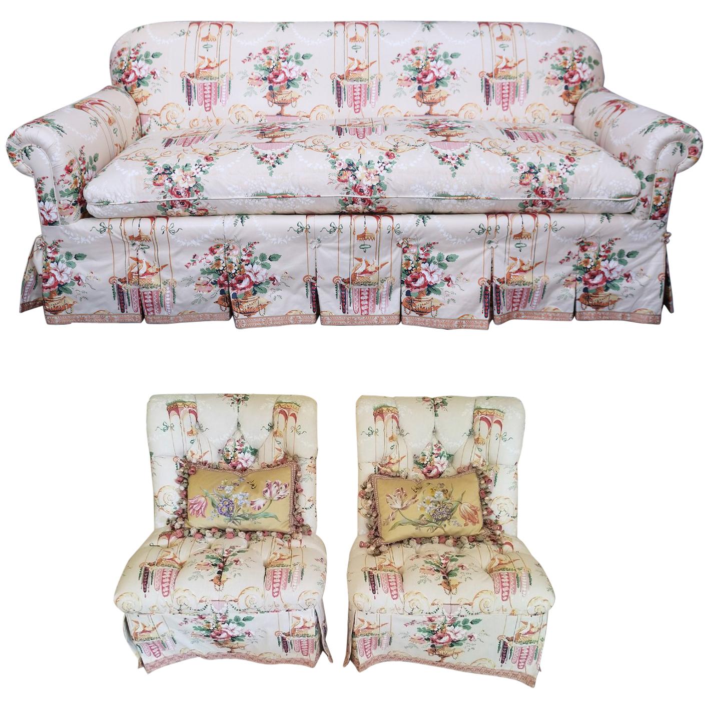 Sofa and Pair of Slipper Chairs in Floral Fabric For Sale