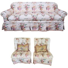 Retro Sofa and Pair of Slipper Chairs in Floral Fabric