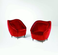 Sofa and Pair of Wooden Armchairs, Covered in Velvet Designed by Giovanni Ponti