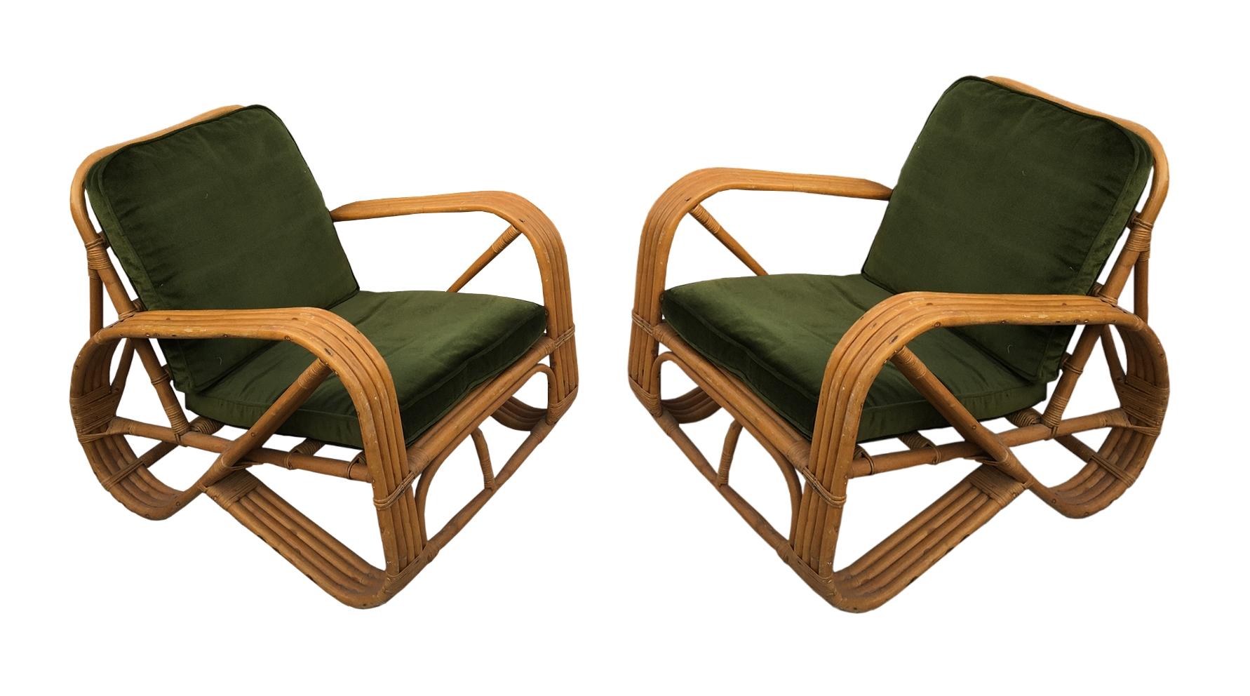 Living room set designed in the 1950s by the French designers Adrien Audoux and Frida Minnet (label on the back of an armchair) they are composed of a rattan structure, original cushions, seats and backs. In good original