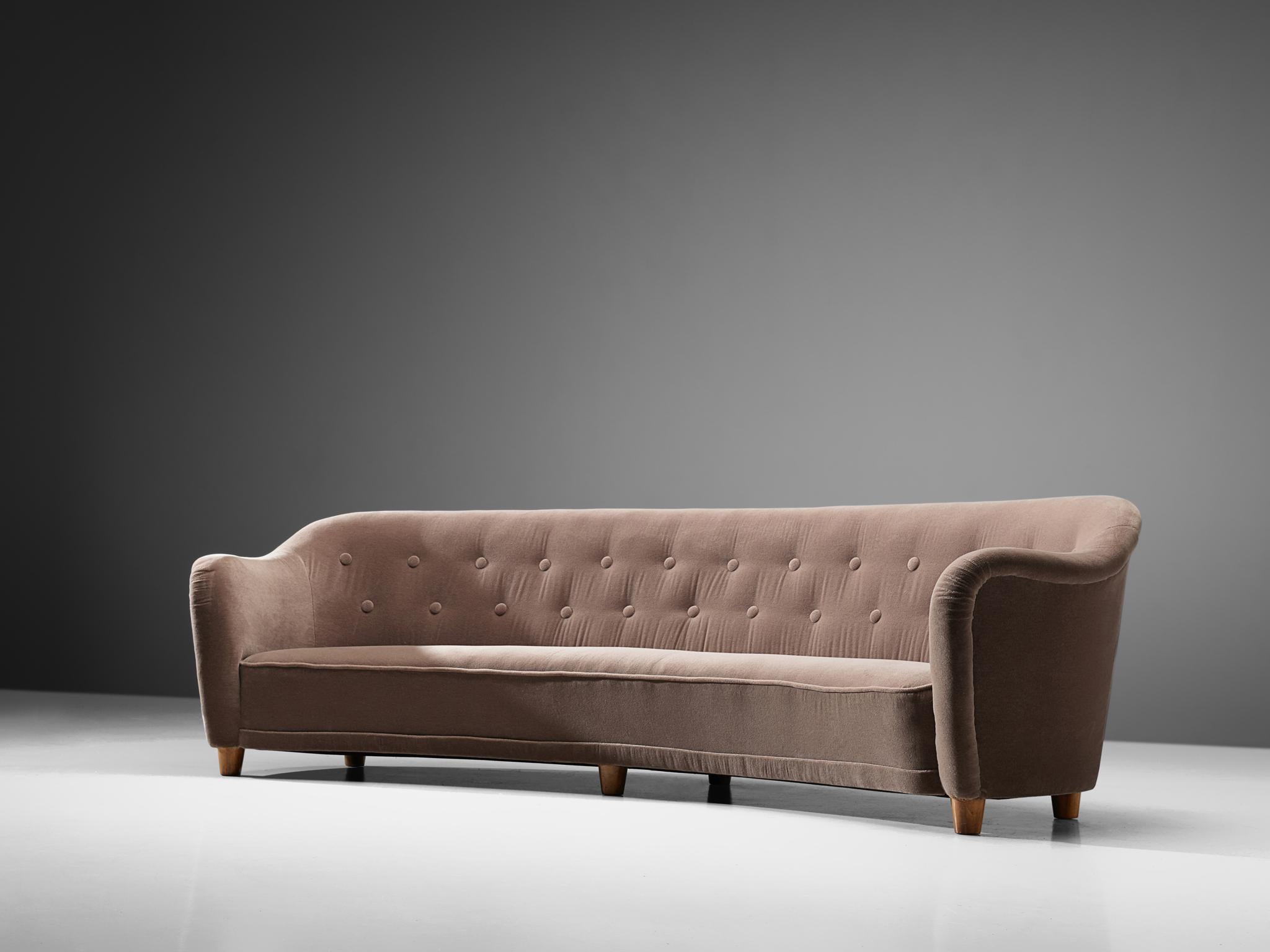 Mid-Century Modern Large Curved Sofa in Velvet Upholstery
