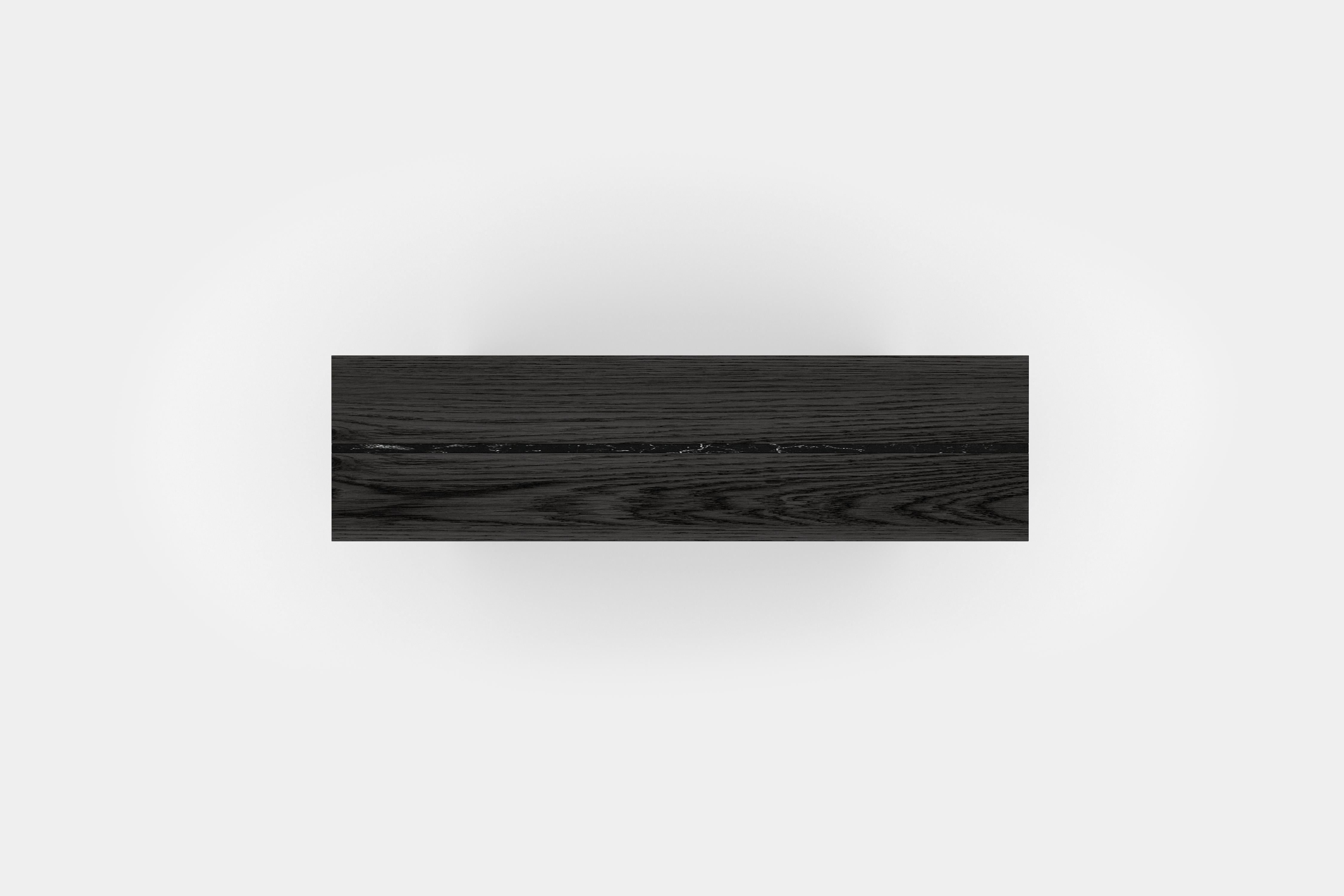 Burnished Laws of Motion Sofa Back in Solid Black Wood, Console Table by Joel Escalona