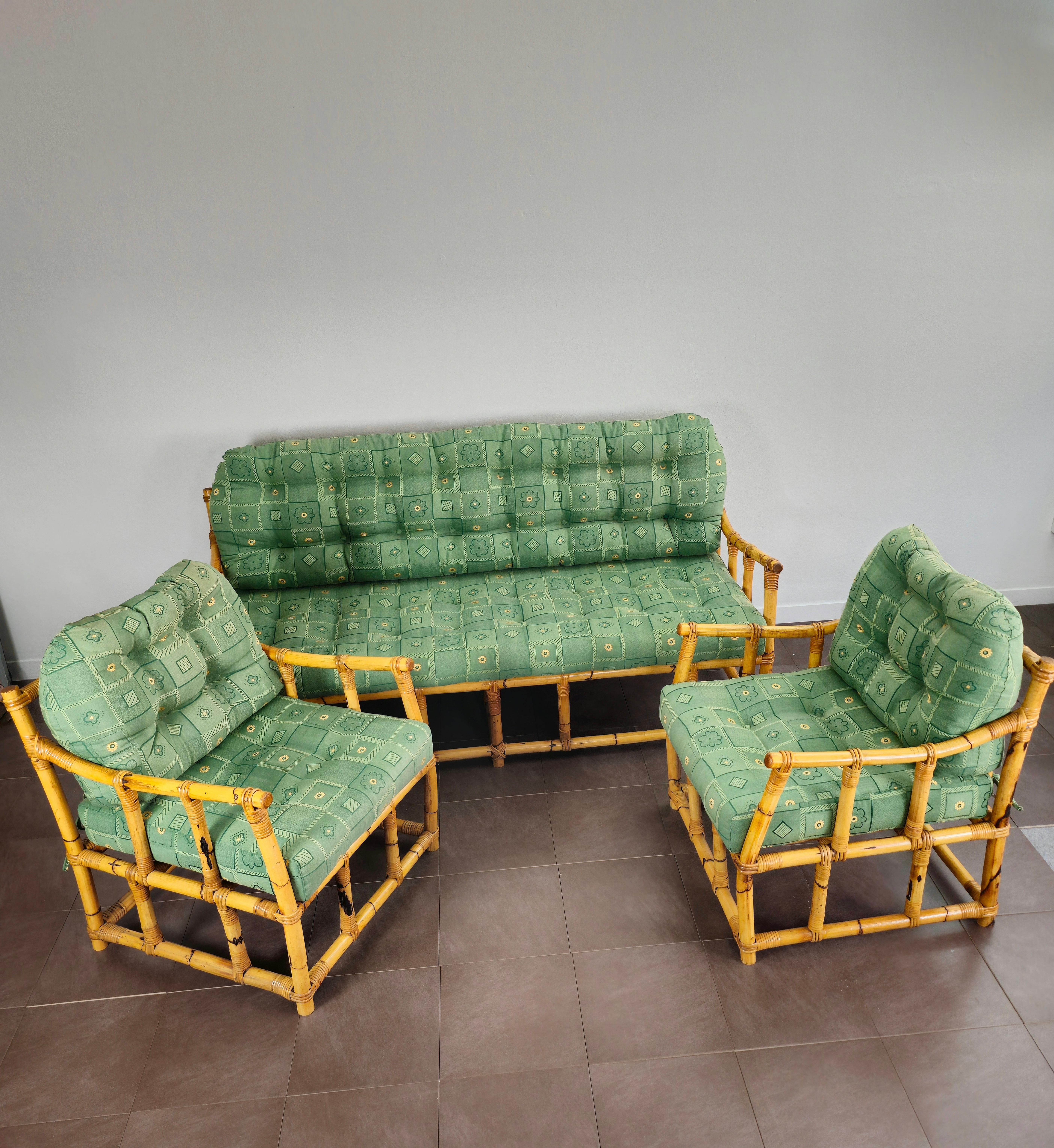 Sofa Bamboo Rattan Green Fabric Large Midcentury Italian Design 1960s 5