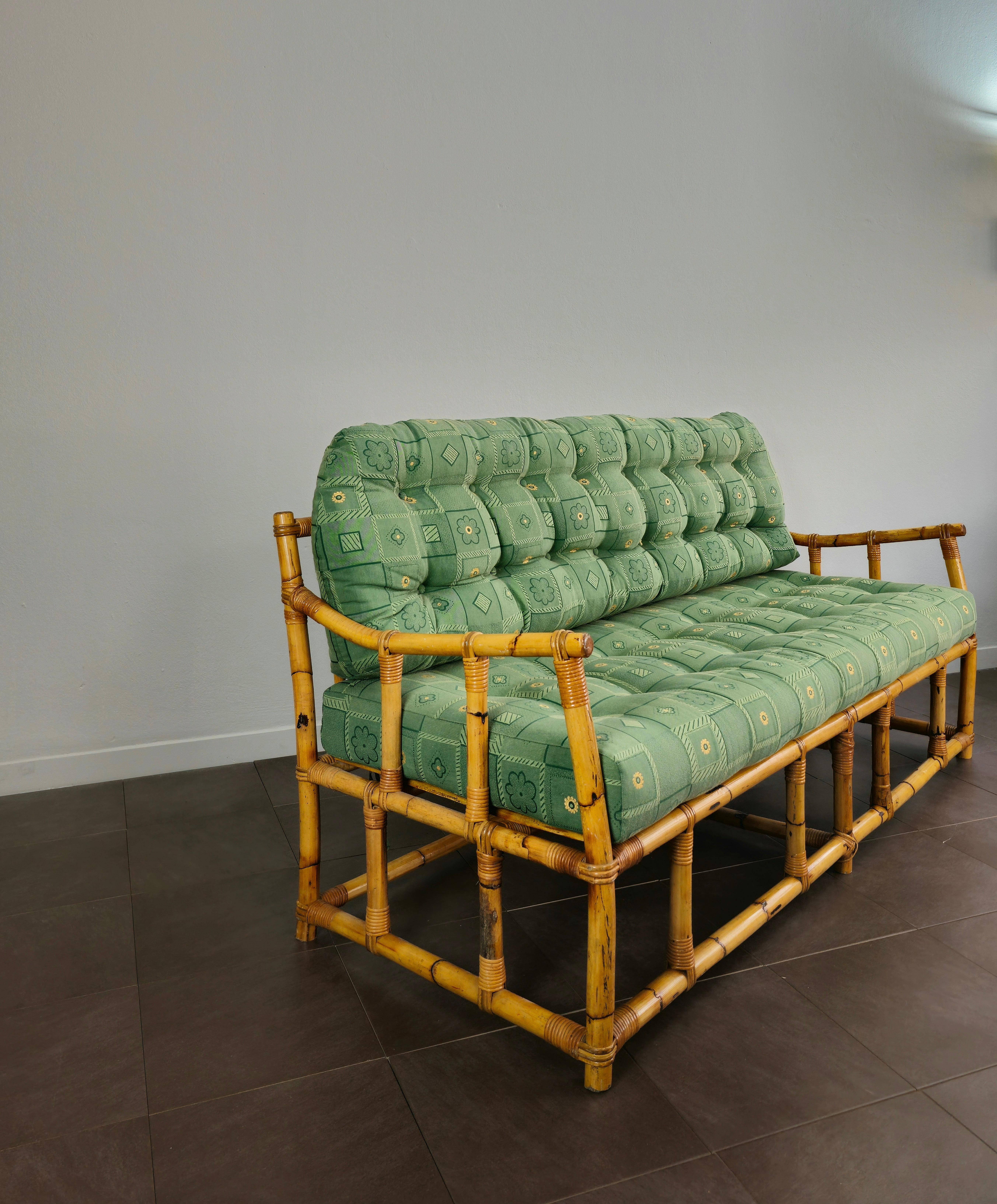 Mid-Century Modern Sofa Bamboo Rattan Green Fabric Large Midcentury Italian Design 1960s