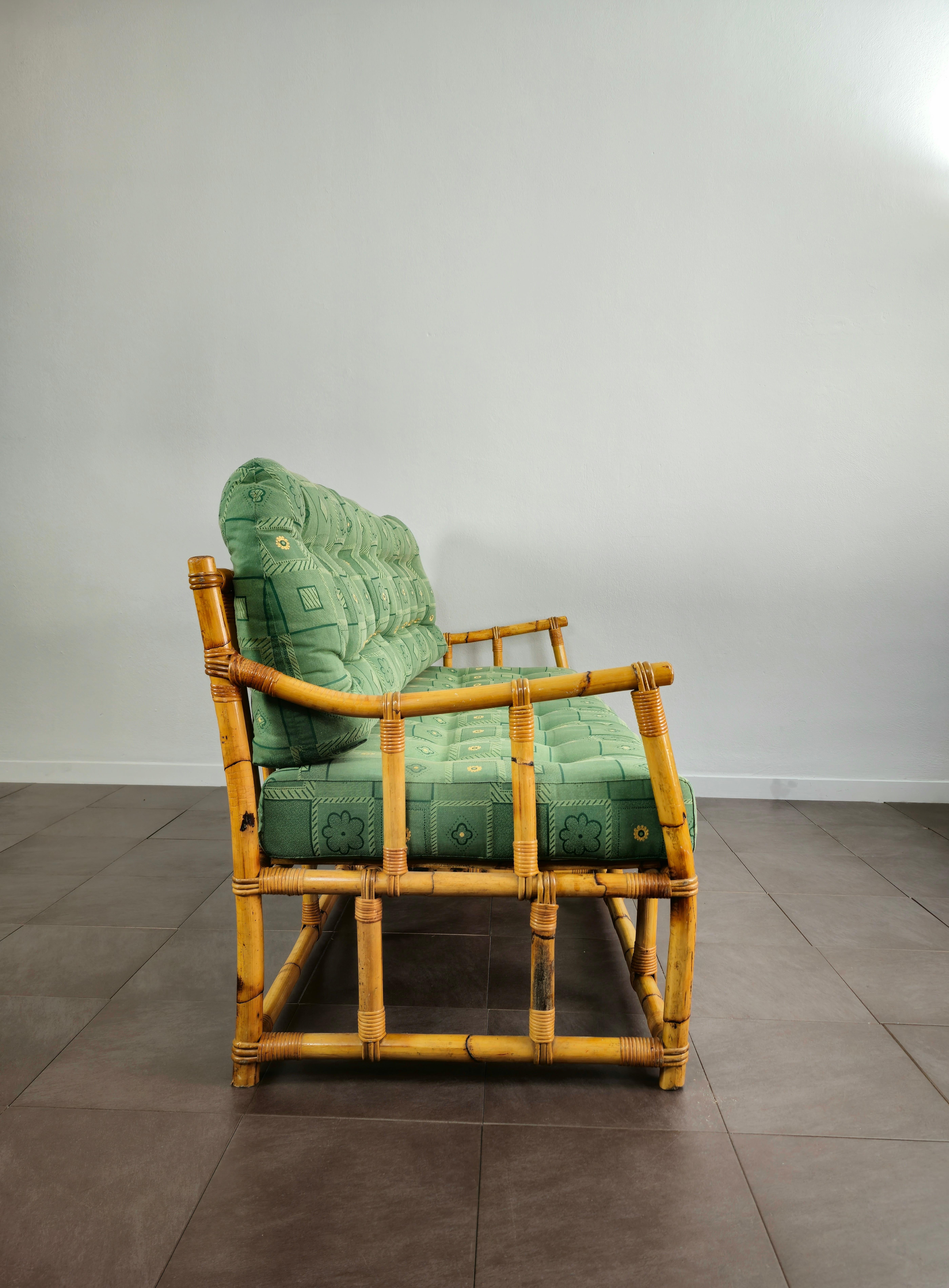 Sofa Bamboo Rattan Green Fabric Large Midcentury Italian Design 1960s In Good Condition In Palermo, IT