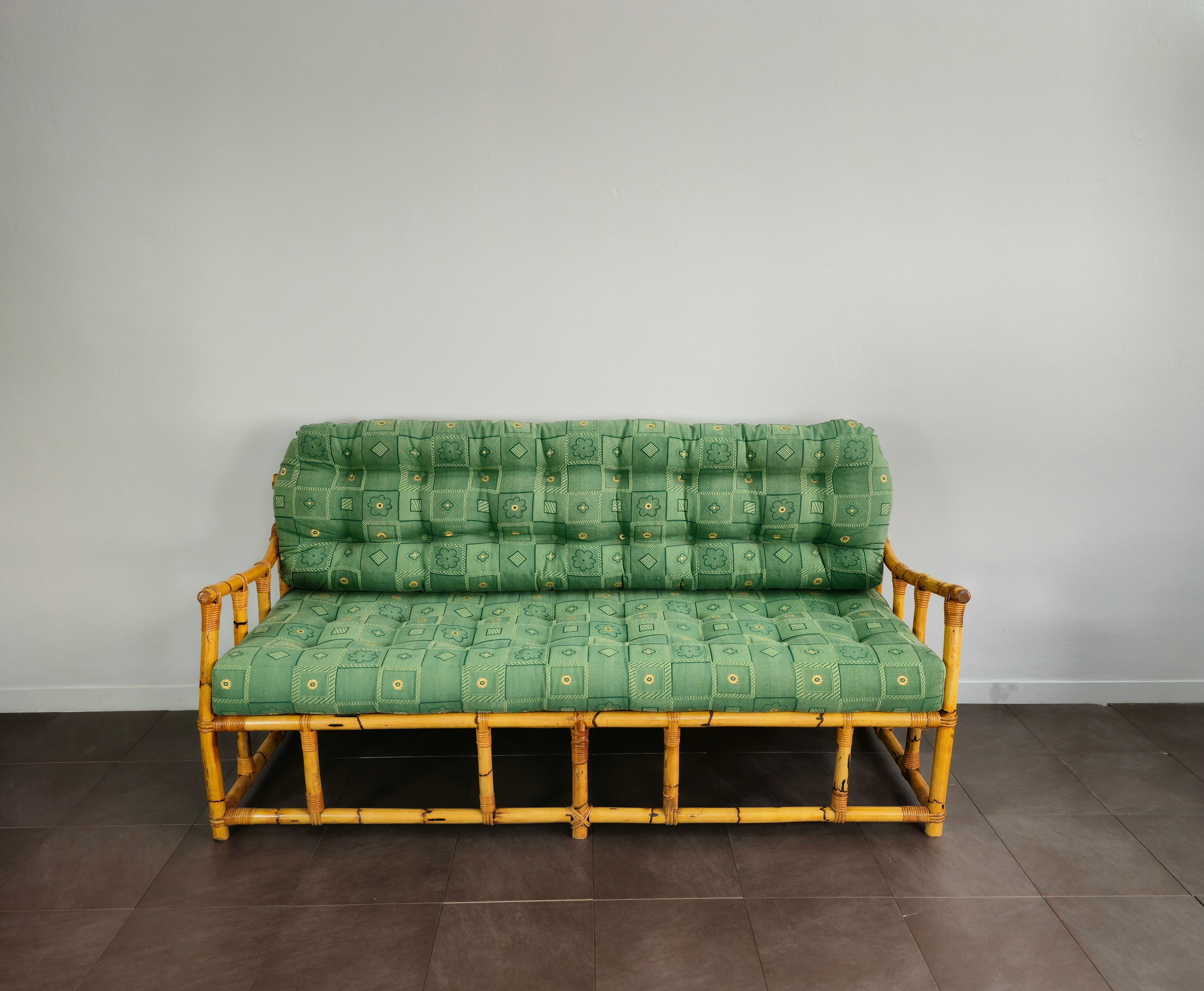 Sofa Bamboo Rattan Green Fabric Large Midcentury Italian Design 1960s 2