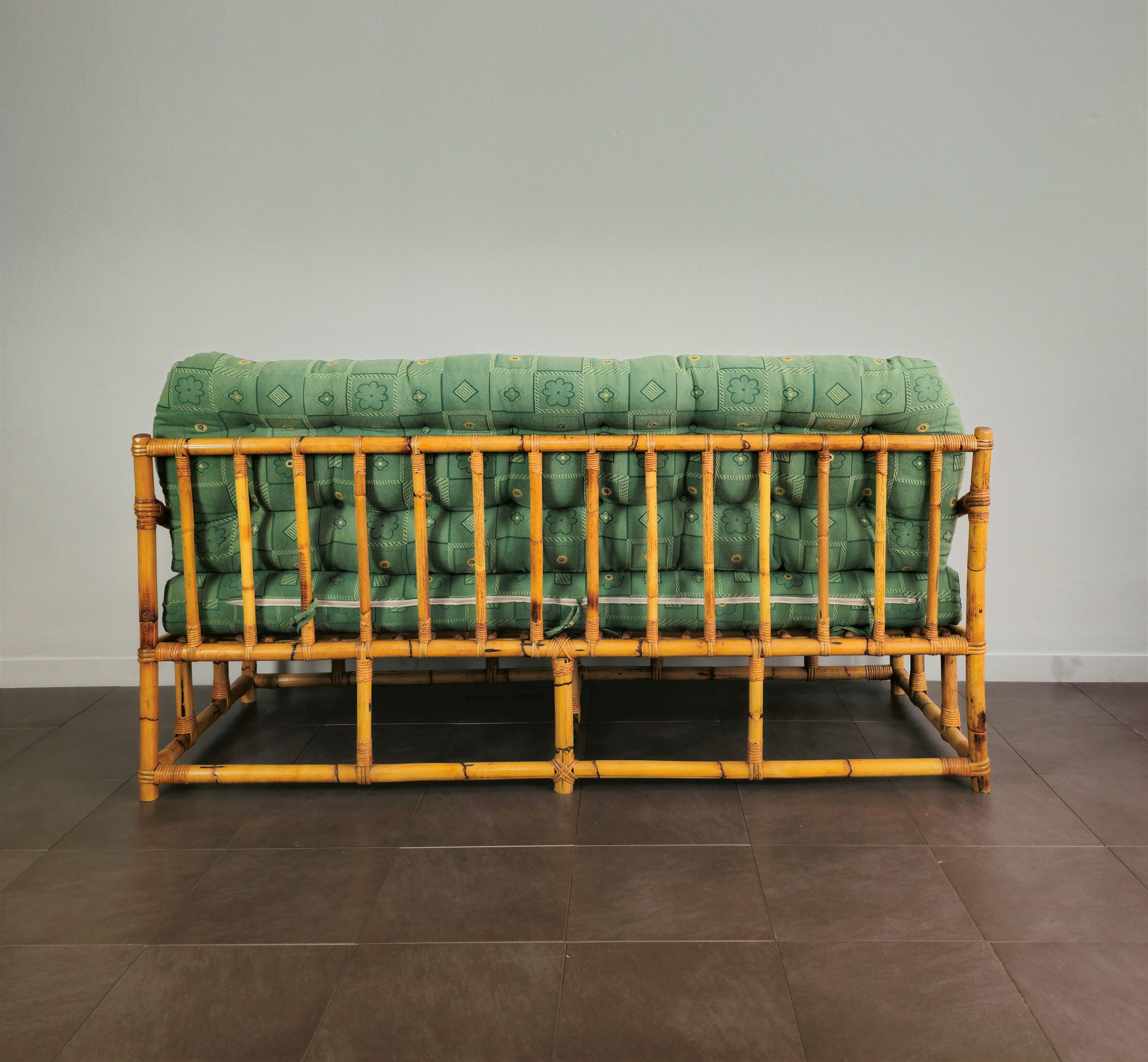 Sofa Bamboo Rattan Green Fabric Large Midcentury Italian Design 1960s 4
