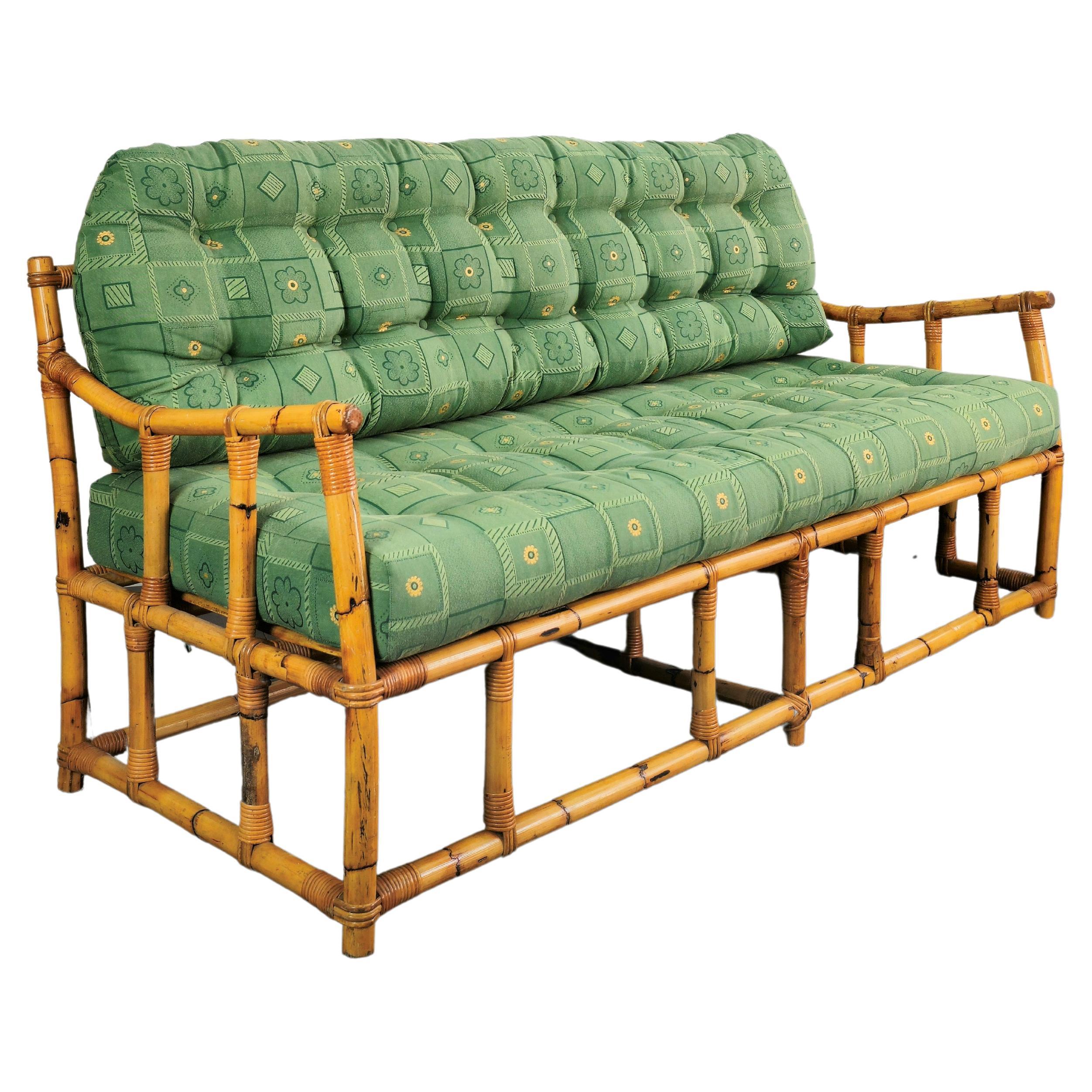 Sofa Bamboo Rattan Green Fabric Large Midcentury Italian Design 1960s