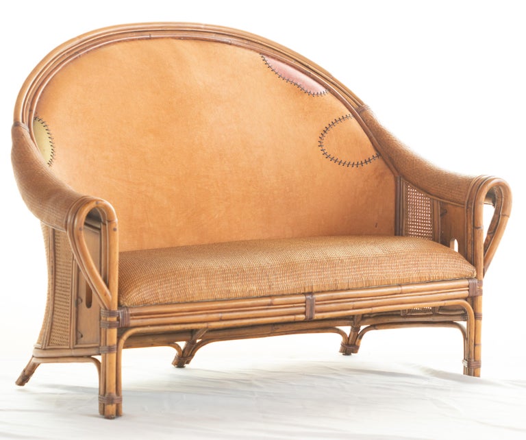 Chinese Export Sofa Bamboo Rattan Wood Painted Leather Ramon Castellano Spanish Kalma Furniture For Sale