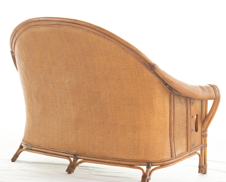 Hand-Carved Sofa Bamboo Rattan Wood Painted Leather Ramon Castellano Spanish Kalma Furniture For Sale