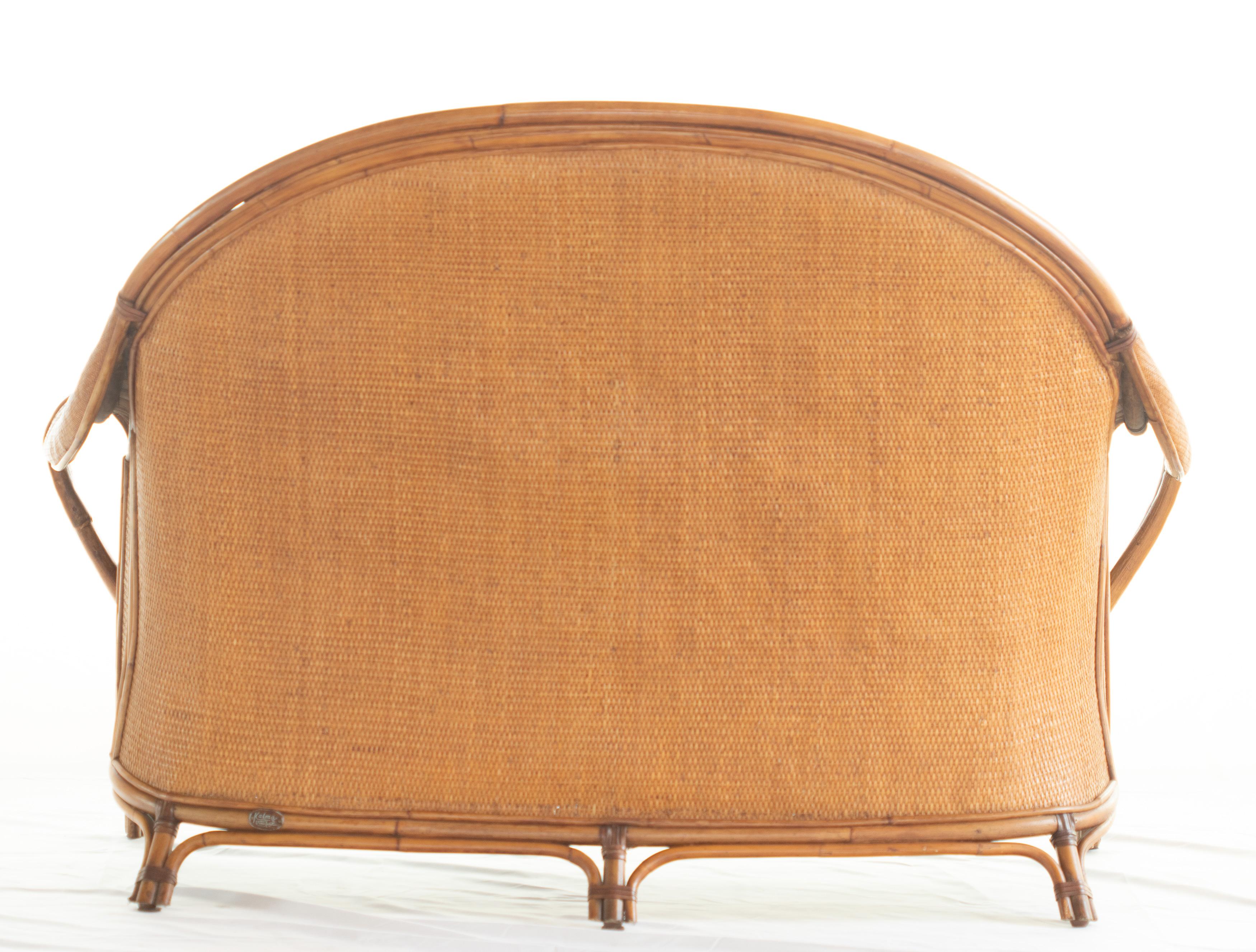 Chinese Export Sofa Bamboo Rattan Wood Painted Leather Ramon Castellano Spanish Kalma Furniture For Sale
