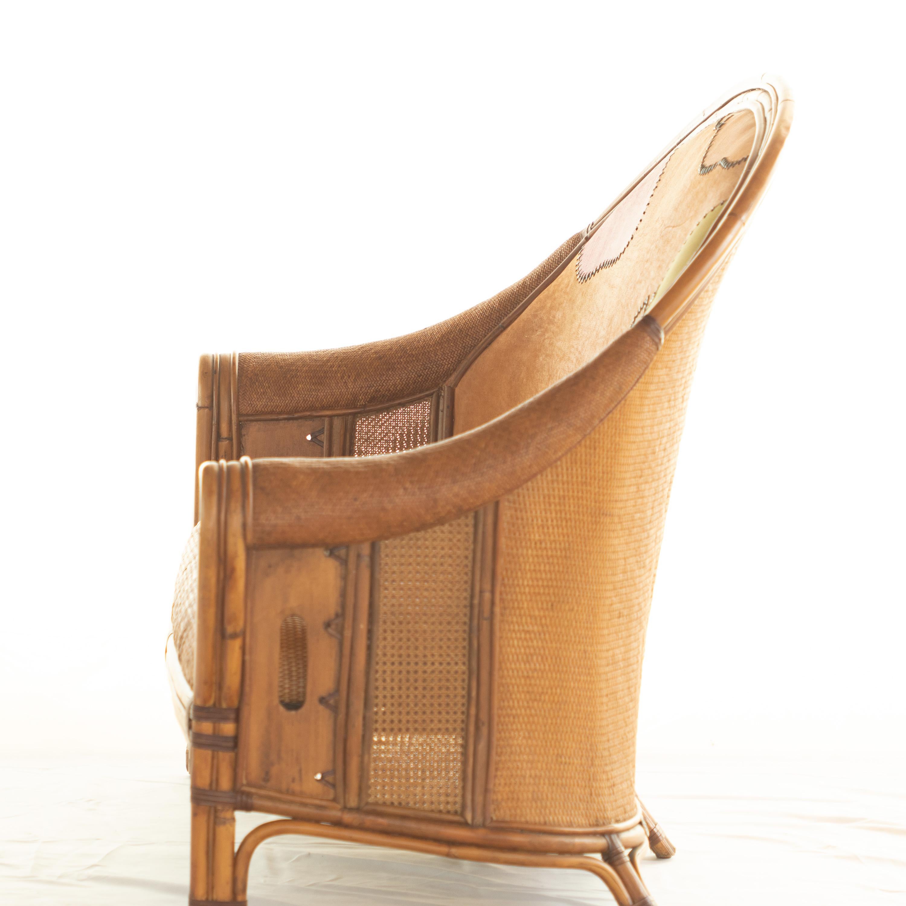 Chinese Sofa Bamboo Rattan Wood Painted Leather Ramon Castellano Spanish Kalma Furniture For Sale