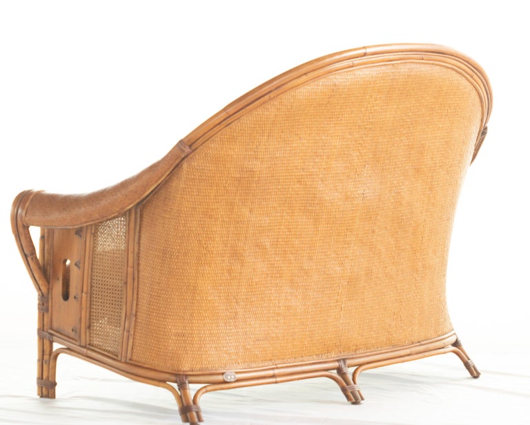 Late 20th Century Sofa Bamboo Rattan Wood Painted Leather Ramon Castellano Spanish Kalma Furniture For Sale