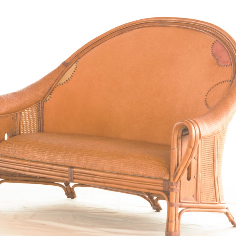 Sofa Bamboo Rattan Wood Painted Leather Ramon Castellano Spanish Kalma Furniture For Sale 2