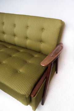 Sofa Bed Upholstered with Green Wool Fabric and Legs in Teak, of Danish Design