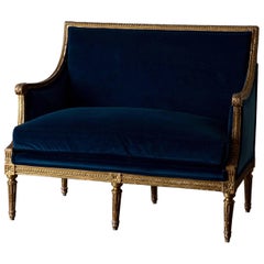 Antique Sofa Bench Love Seat Neoclassical Louis XVI Period Gilt Wood Blue Velvet France